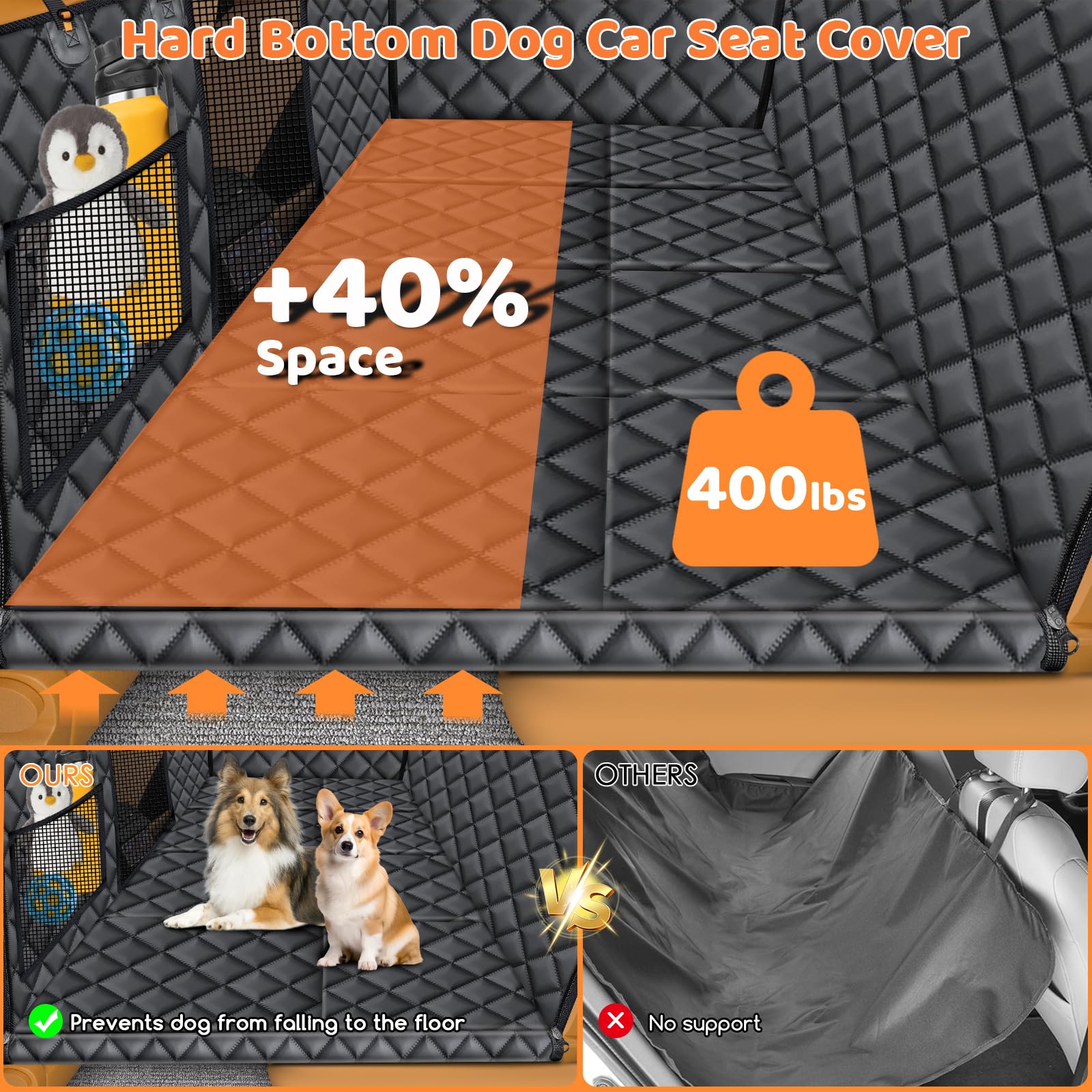 Urpower Backseat Extender For Dogs - Hard Bottom Dog Car Seat Cover For Back Seat, Foldable Dog Hammock For Car, Suv, And Truck,