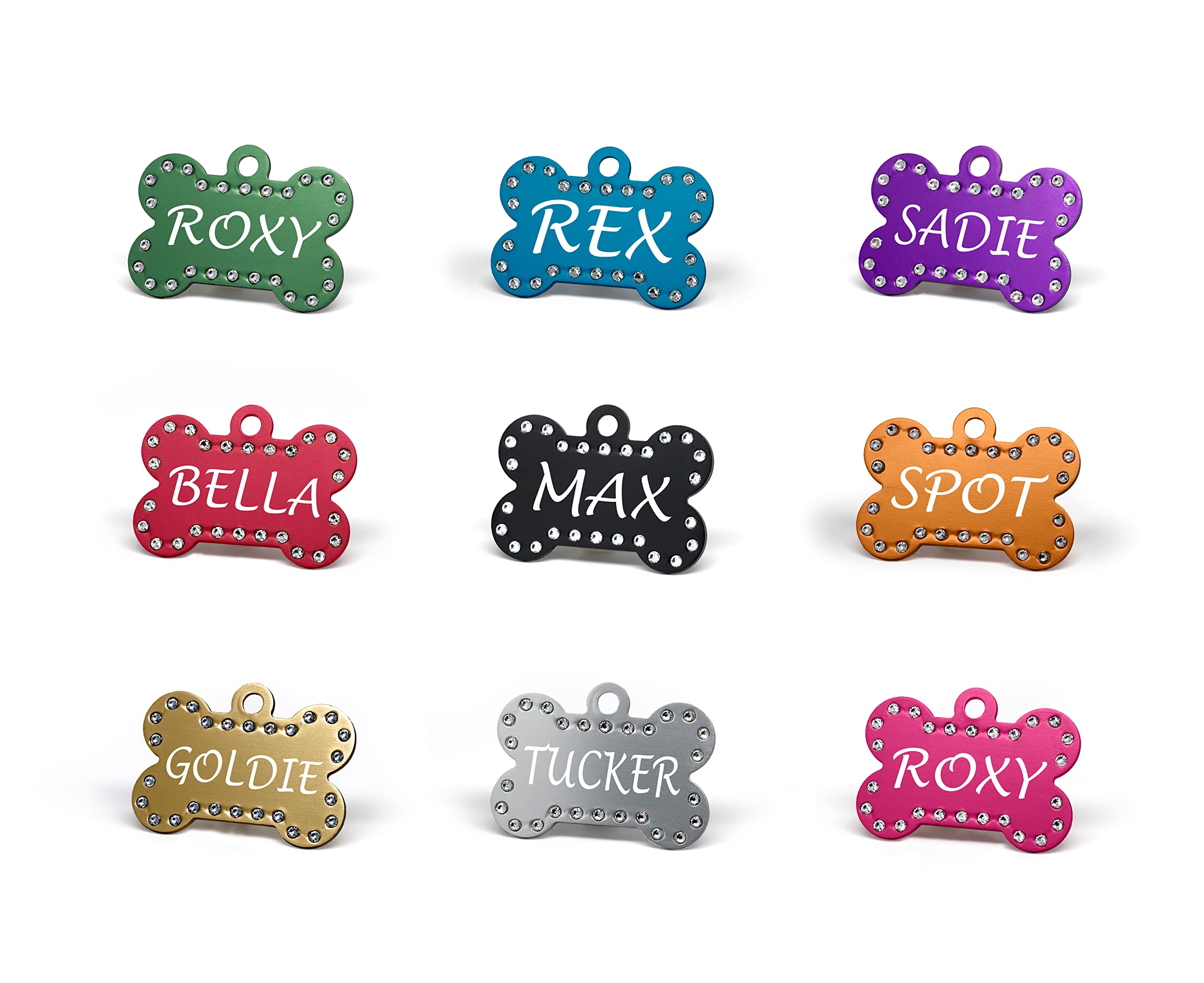 Custom Engraved Pet Id Tags With Swarovski Crystal - 1.5'' Long X 1'' Tall, Anodized Aluminum, Bone Shape, Red
