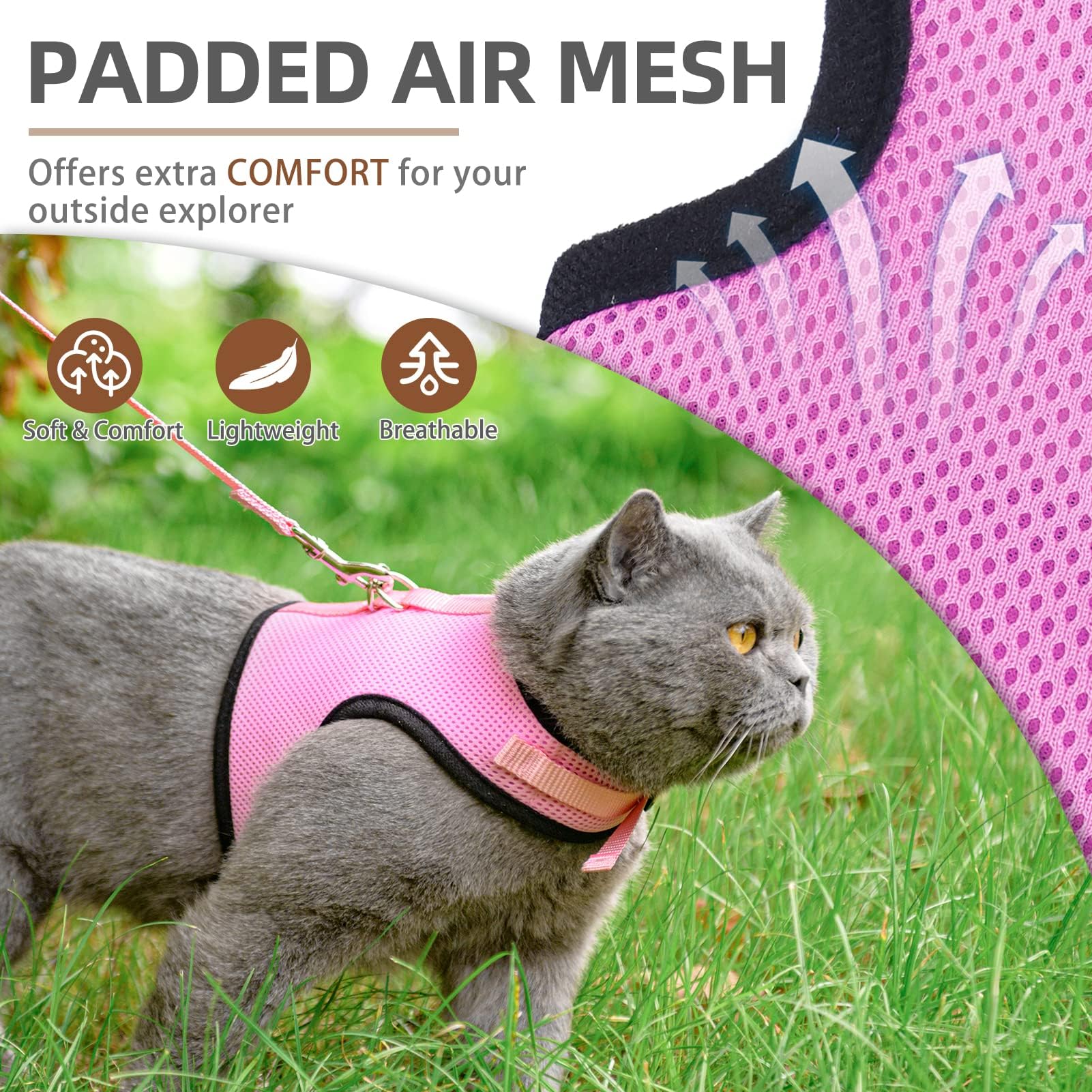 Pupteck Soft Mesh Cat Vest Harness And Leash Set Puppy Padded Pet Harnesses Escape Proof For Cats Small Dogs (Small, Pink)
