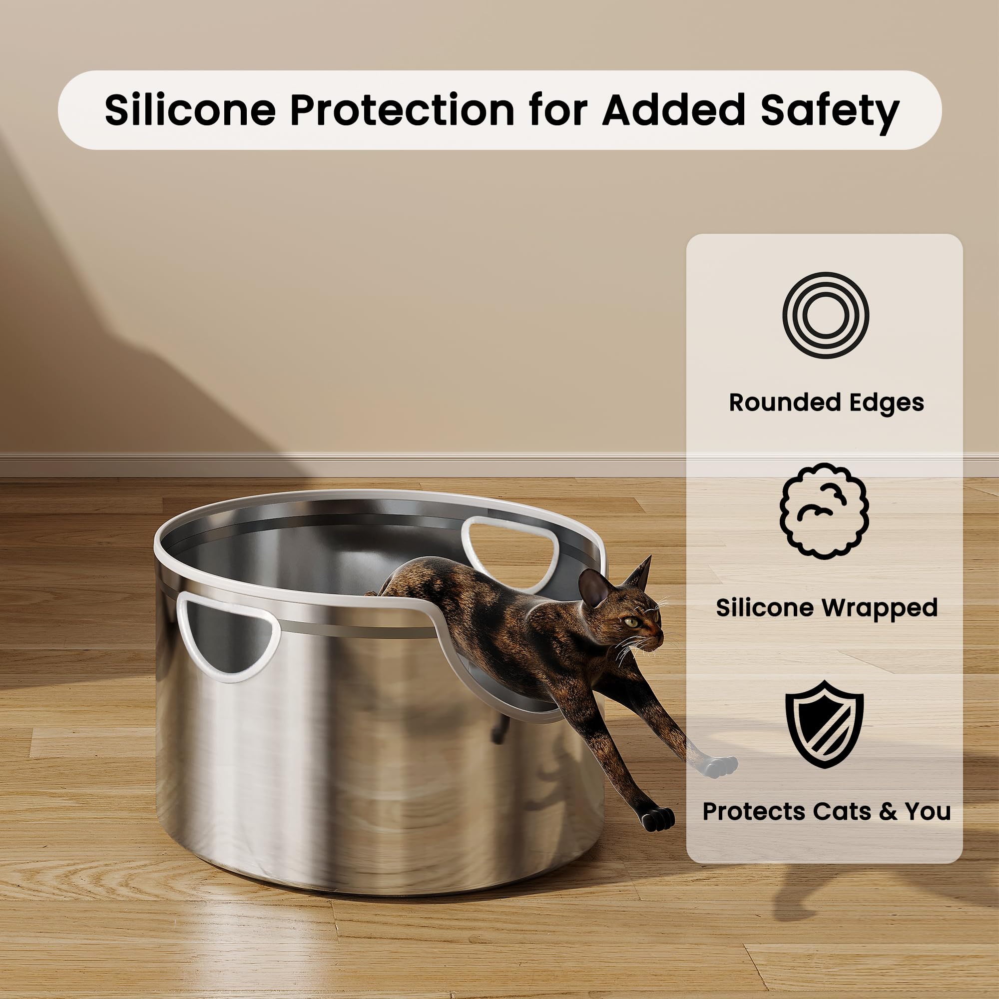 Aothey Stainless Steel Litter Box Metal With Integrated Round For Xl/Xxl Big And Multi Cats, 12 High Wall High Side, Odor Cont