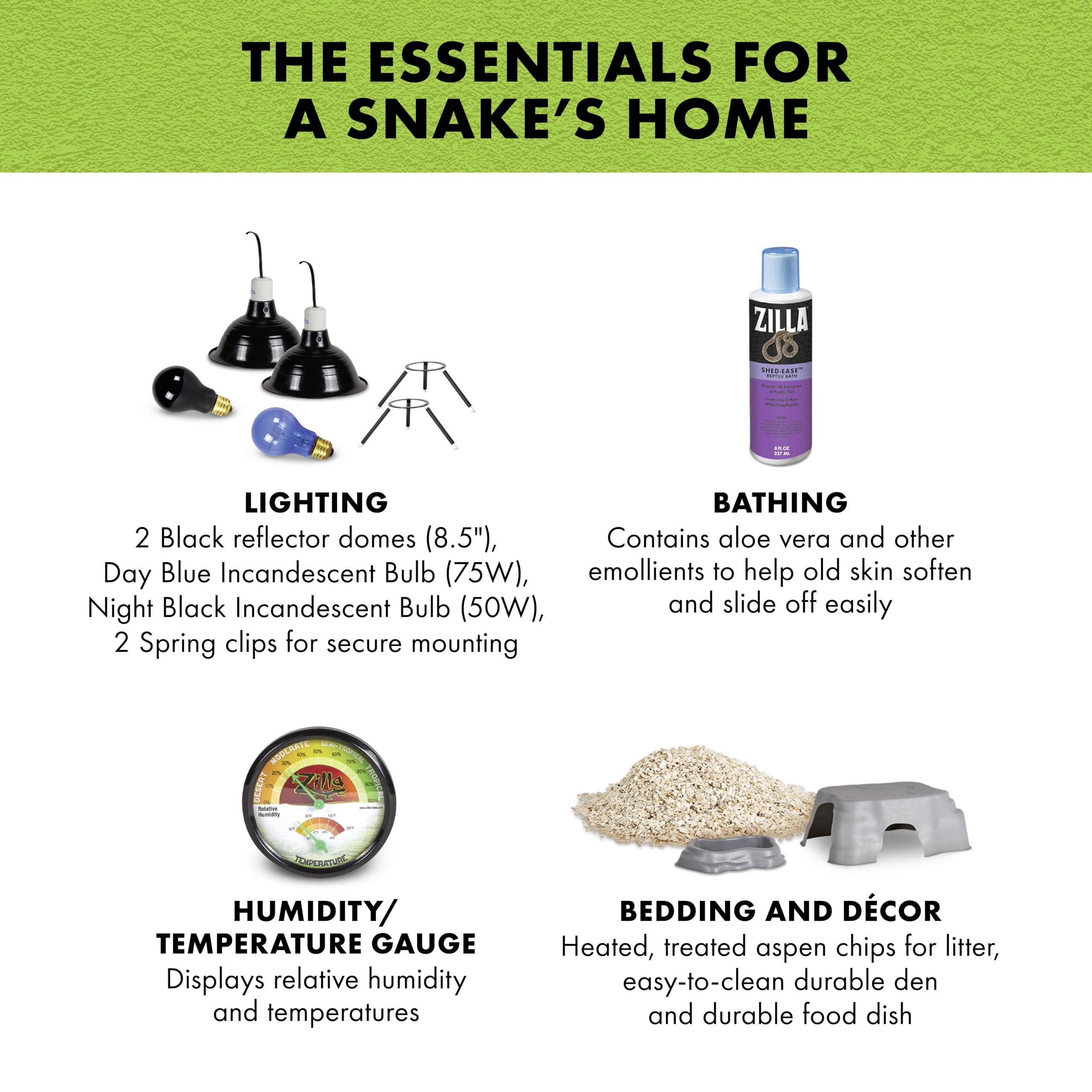Zilla Snake Habitat Accessory Kit, Easy Starter Kit for Snakes, Includes Lighting, Bedding, Shedding Solution, Shelter and Feedi