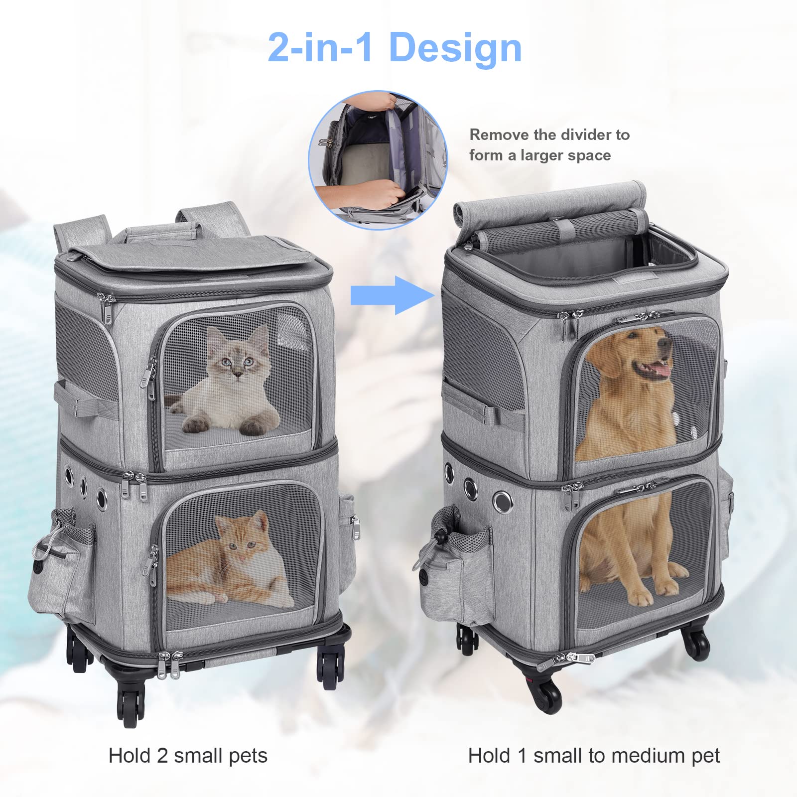 Hovono Extra Large Double-Compartment Pet Carrier Backpack With Wheels For Small Dogs And Cats, Cat Rolling Carrier For 2 Cats,