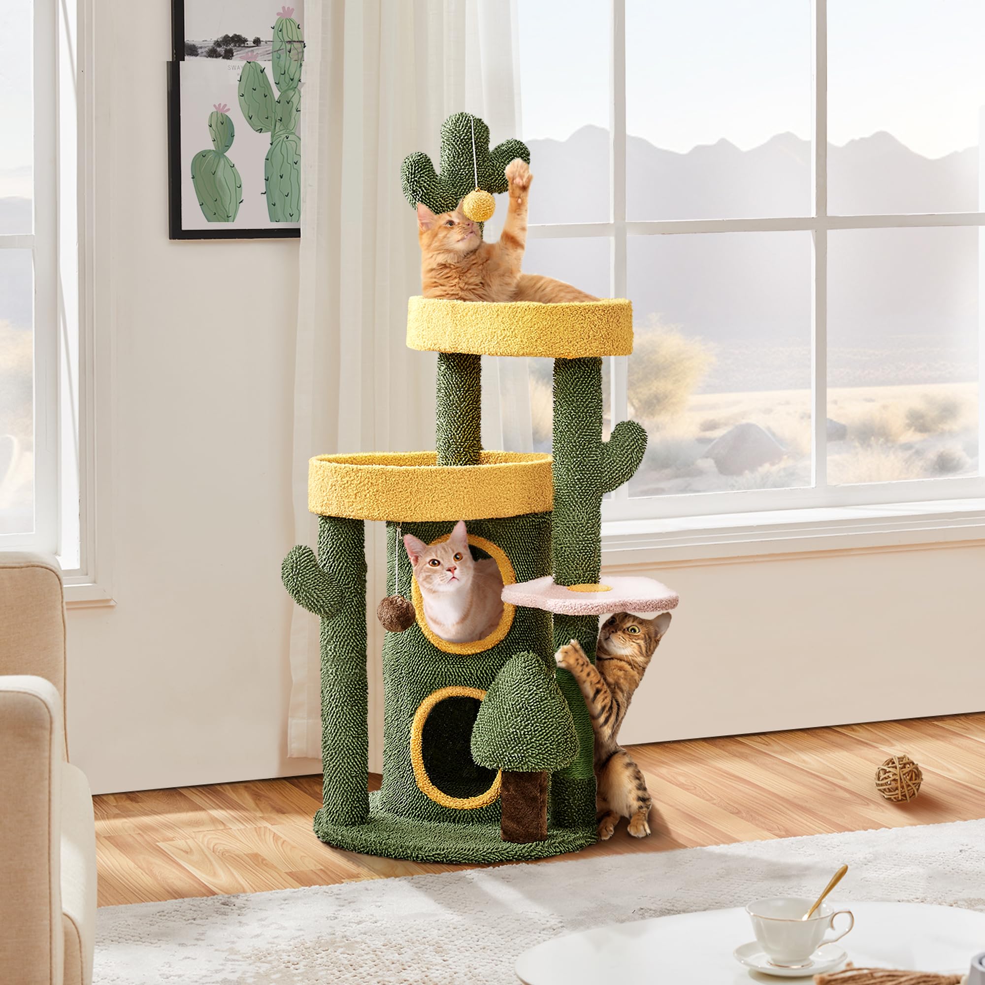 Yaheetech Cactus Cat Tree For Indoor Cats, 48.5In Cat Tower With 2 Large Platform, 2 Tiered Condo, Scratching Posts & Dangling B