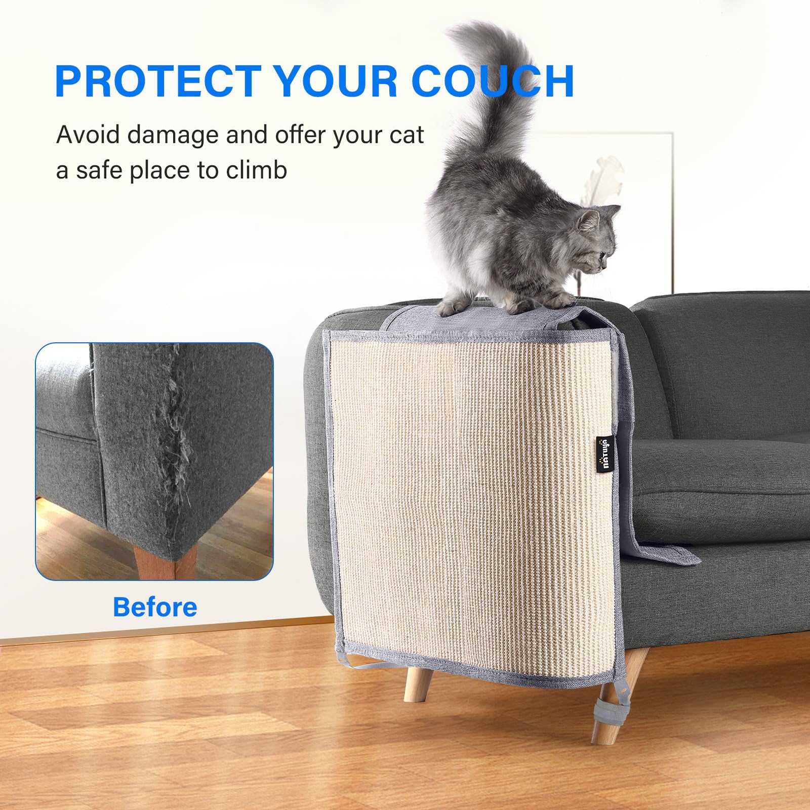 Natuya Furniture Protectors From Cats - Couch Protector From Cat Claws With Sisal Scratching Pad Anti Cat Scratch Furniture Couch Sofa Corner (Light Gray, Left)