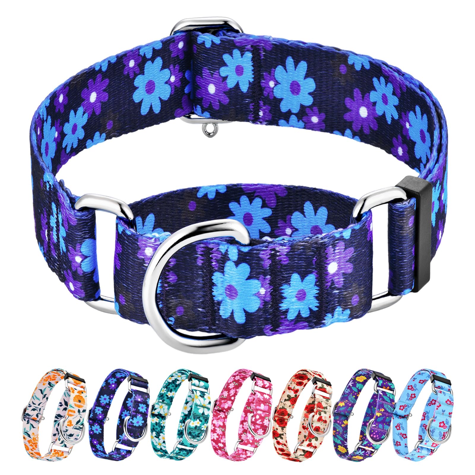 Hikiko 1.5 Inch Martingale Collar With No Buckle Heavy Duty Floral Dog Collar For Medium Large Dogs,Navy Blue Flower
