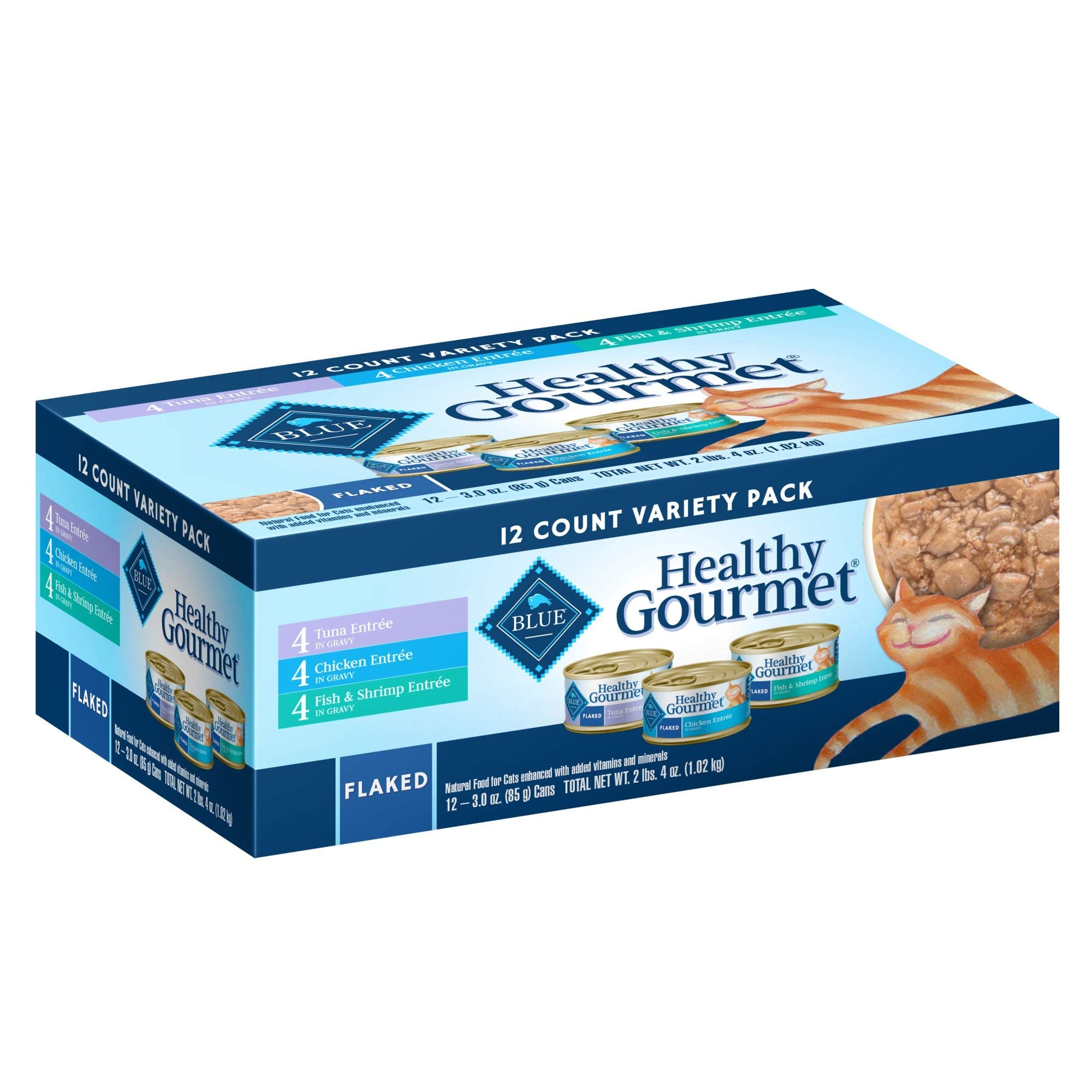 Blue Buffalo Healthy Gourmet Natural Adult Flaked Wet Cat Food Variety Pack Tuna, Chicken, Fish & Shrimp 3-Oz Cans (12 Count- 4 