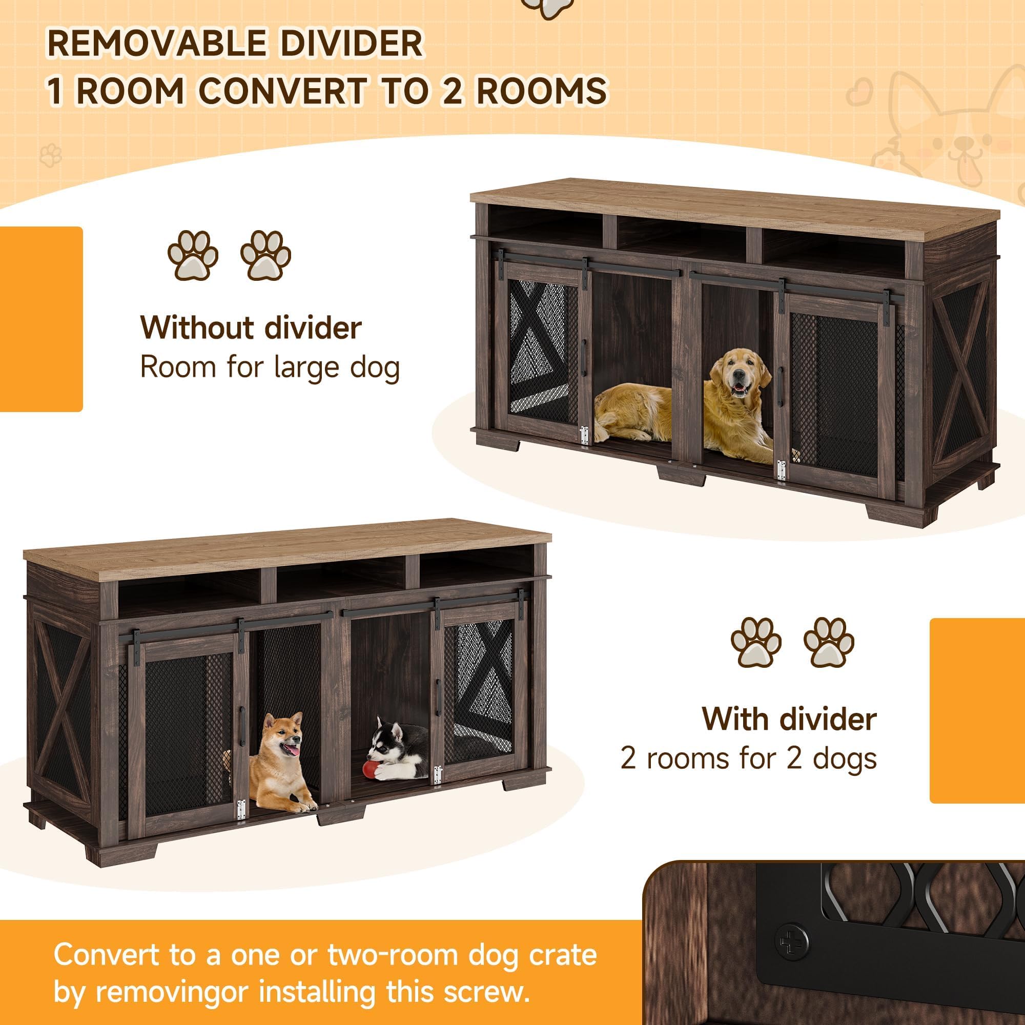 71 Dog Crate Furniture, Furniture Style Double Dog Crate Table Indoor TV Stand, Double Dog Kennel Furniture with 3 Storages and