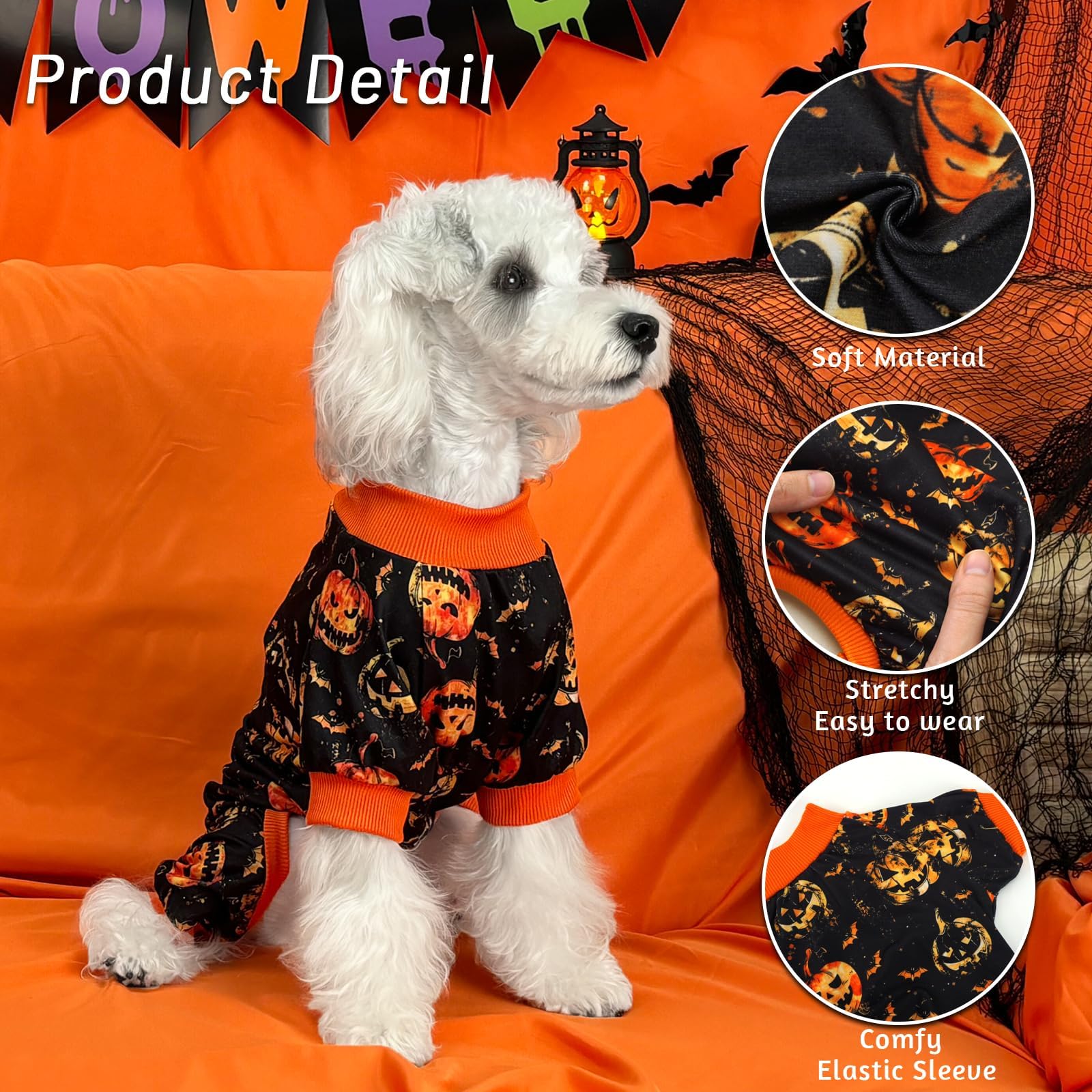 Xpudac Halloween Dog Pajamas Costume For Small Medium Dogs Pumpkin Clothes Soft Puppy Pjs Pet Outfit, Medium