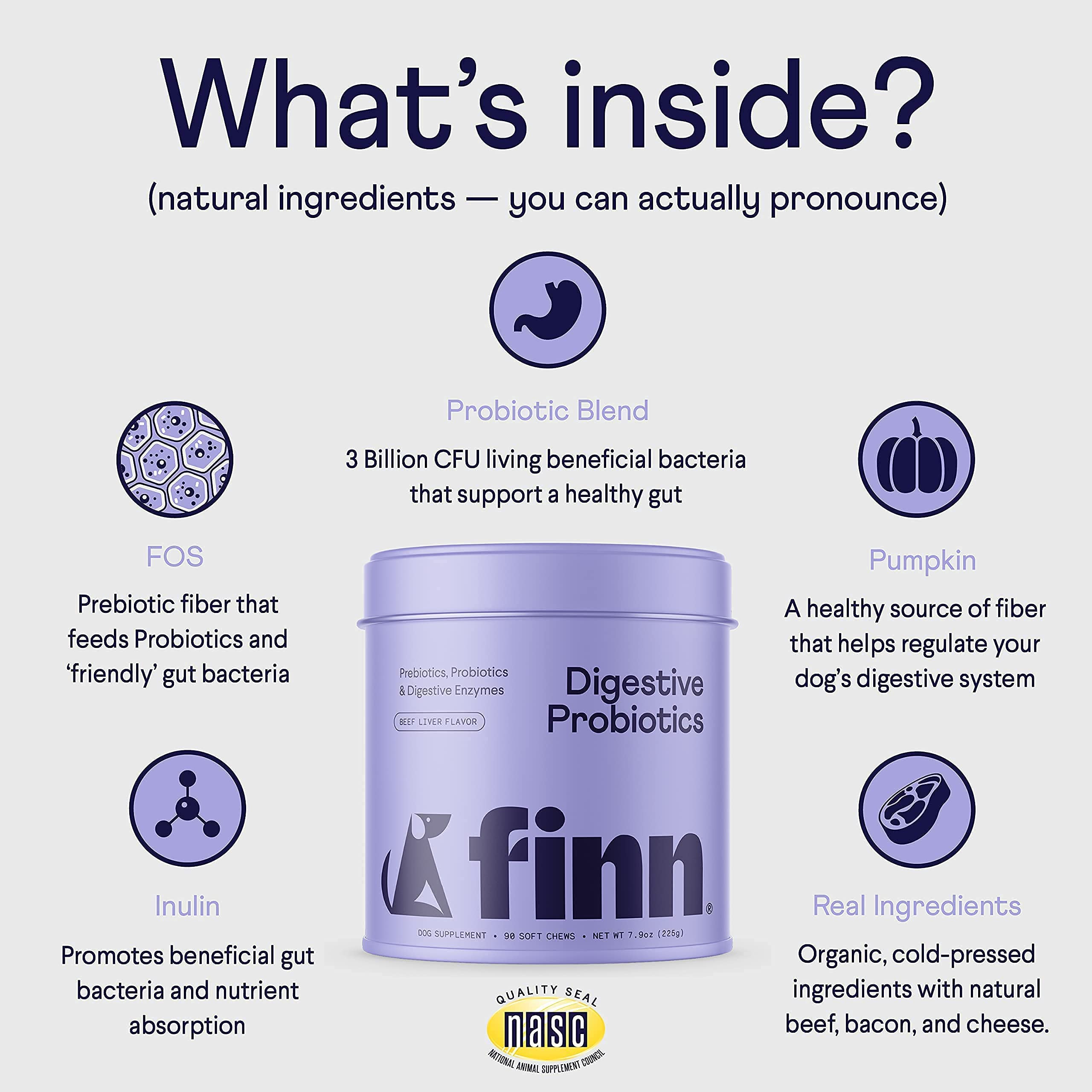Finn Digestive Probiotics for Dogs - 90 Soft Chews with Pumpkin & Prebiotics - Vet Recommended, Made in USA