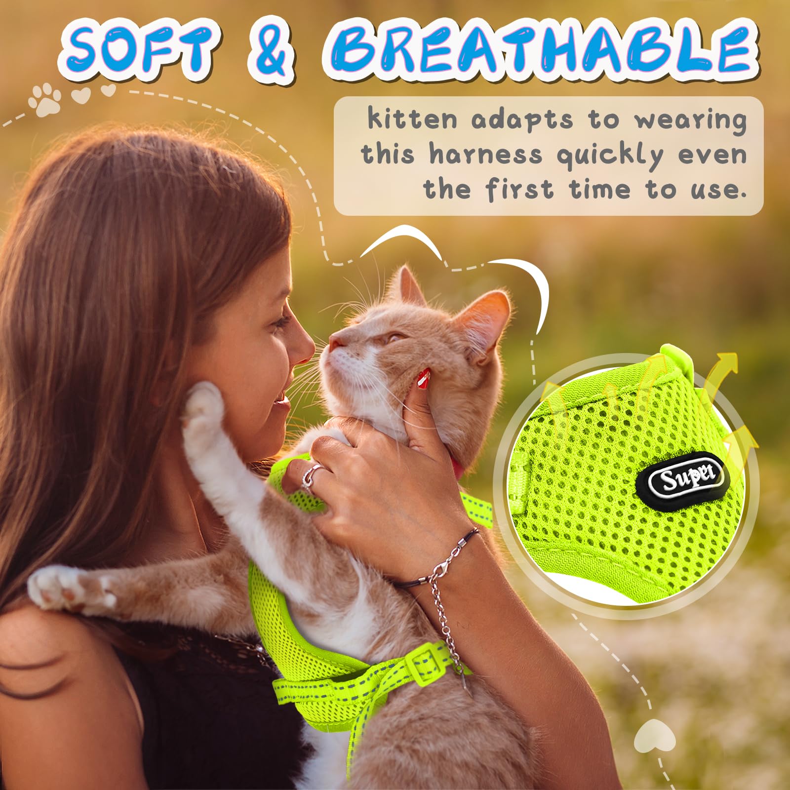 Supet Cat Harness And Leash Set For Small To Large Cats Adjustable Cat Vest Harness With Reflective Trim Universal Cat Leash And