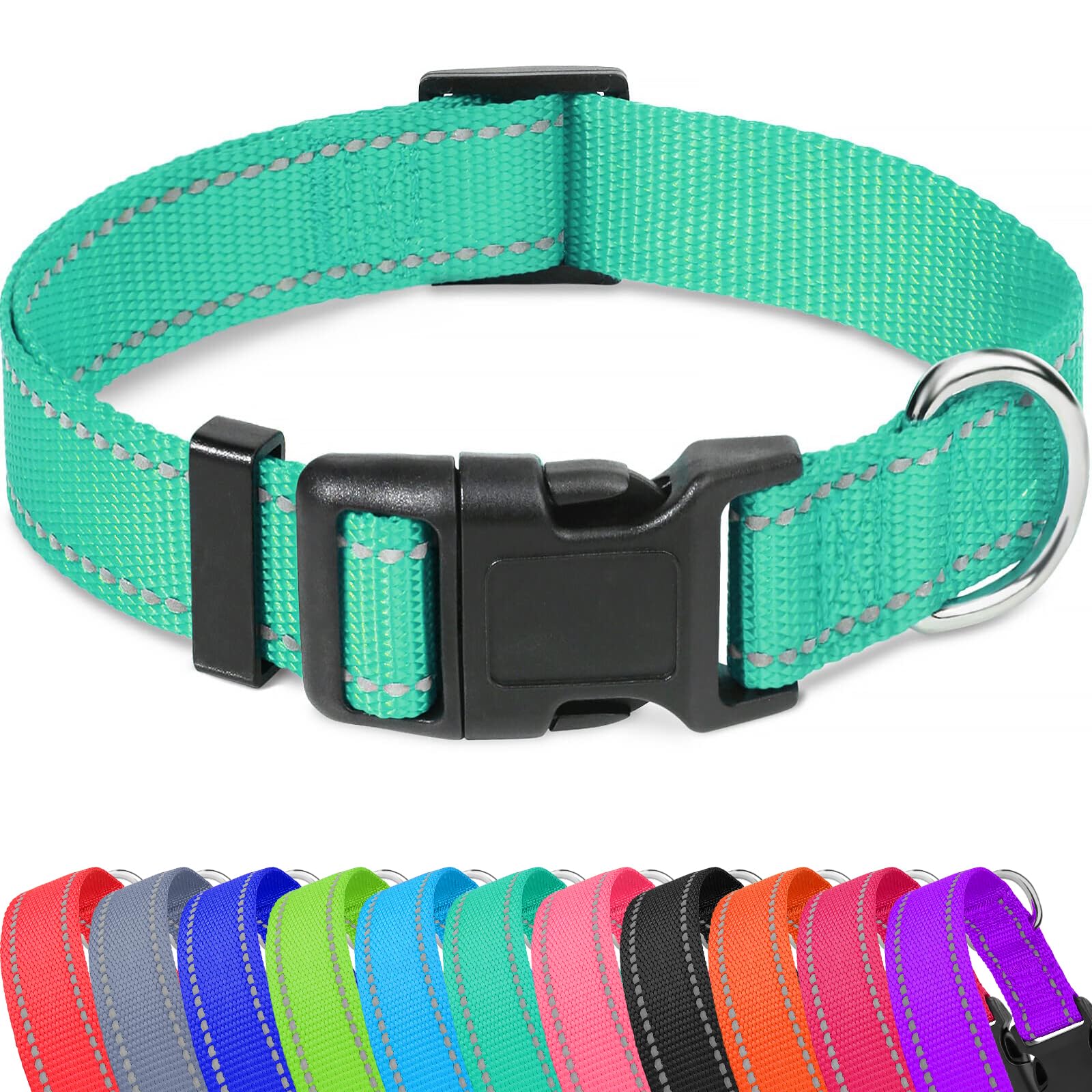 Taglory Reflective Adjustable Dog Collars For Puppy Small Medium Large Dogs, Thin Nylon Webbing And Quick Release Plastic Buckle(Teal Green,X-Large)