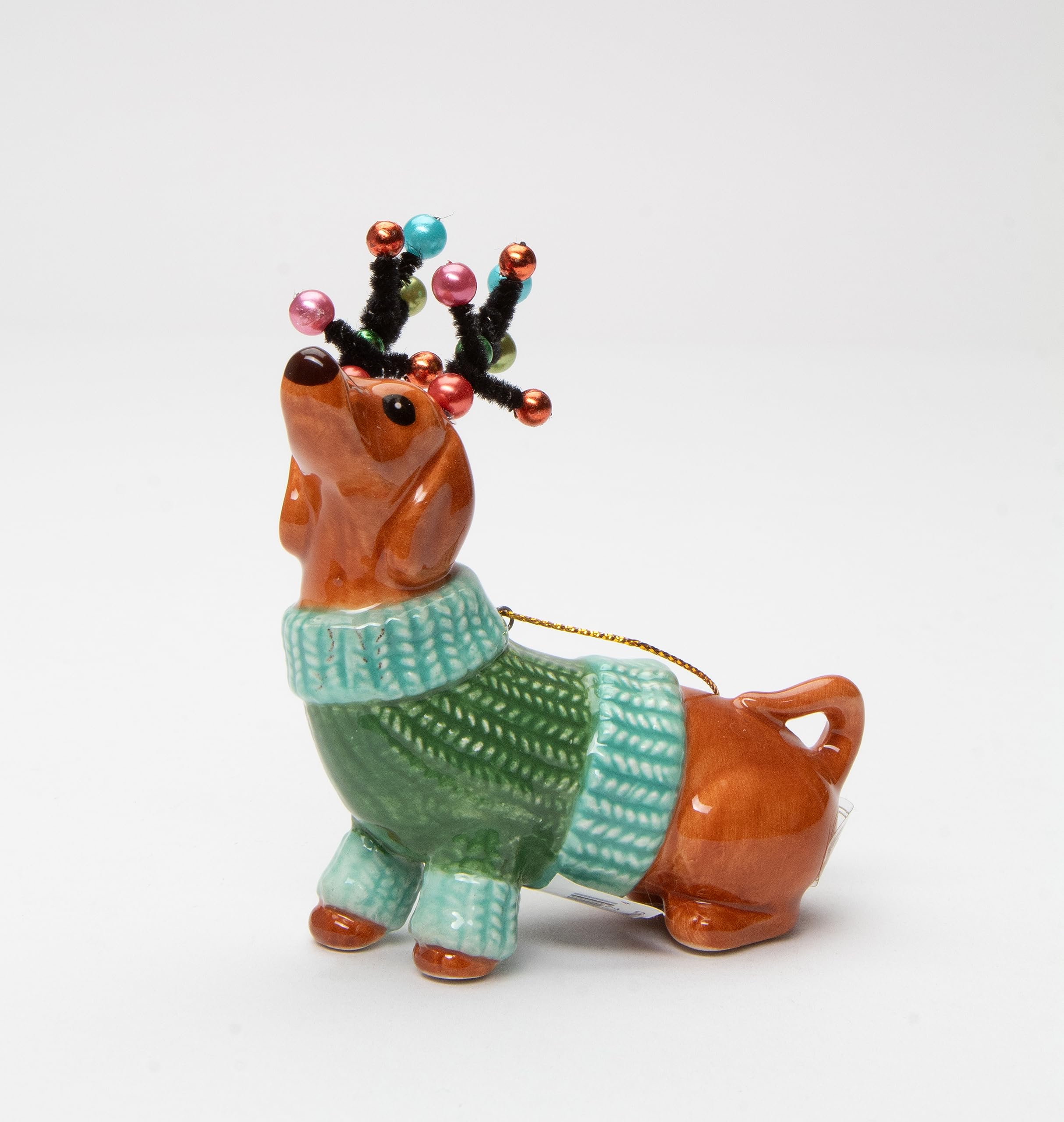 Cosmos Gifts 57012 Dachshund Dog in a Green Sweater with Reindeer Antlers Ornament, Multi-Colored, 3 3/8 x 1 5/8 x 3 7/8 H