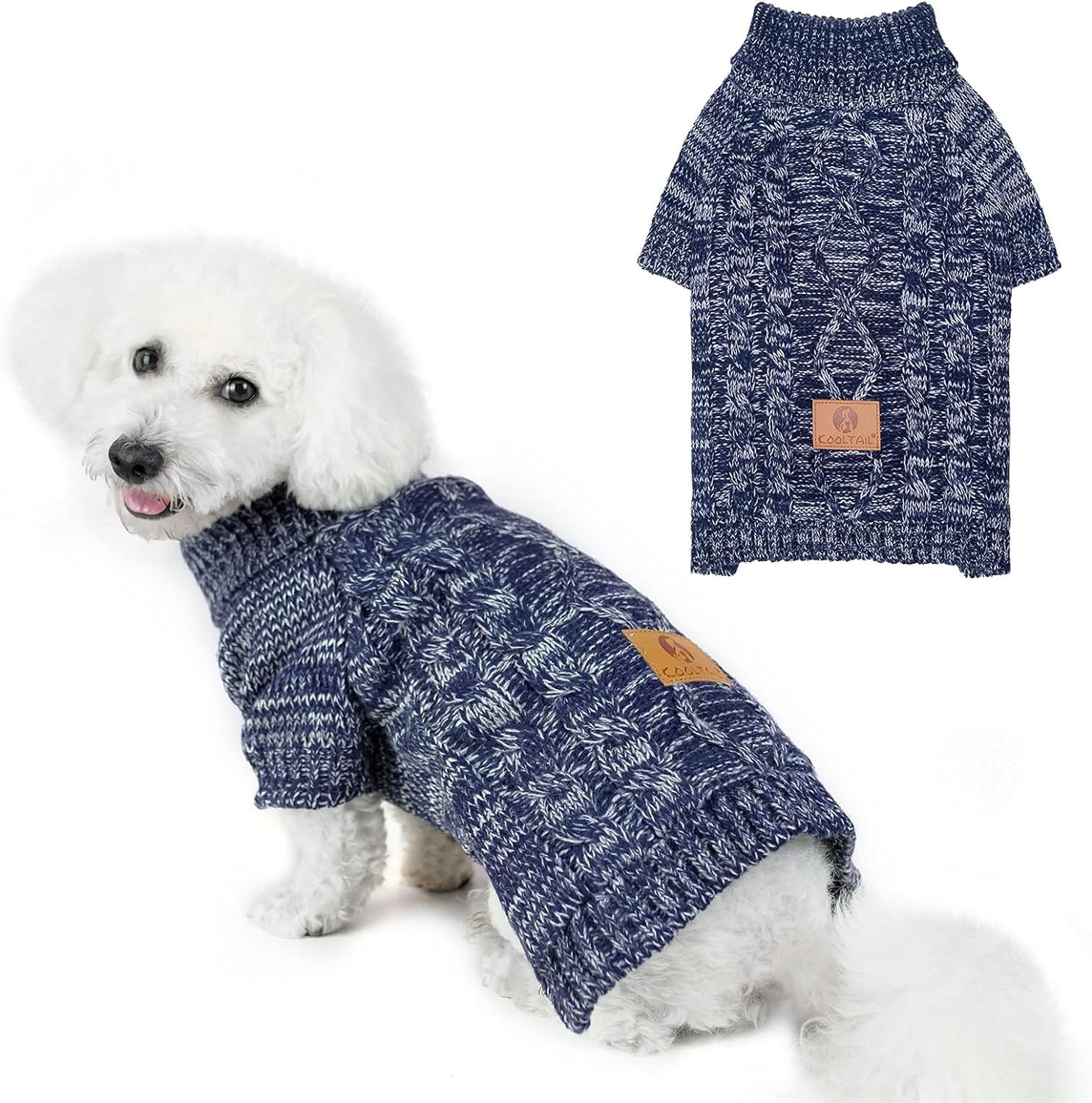 Kooltail Cable Knit Dog Sweater Turtleneck, Cold Weather Pullover Classic Knitwear, Thick Warm Winter Pet Clothes, Fall Maple Le