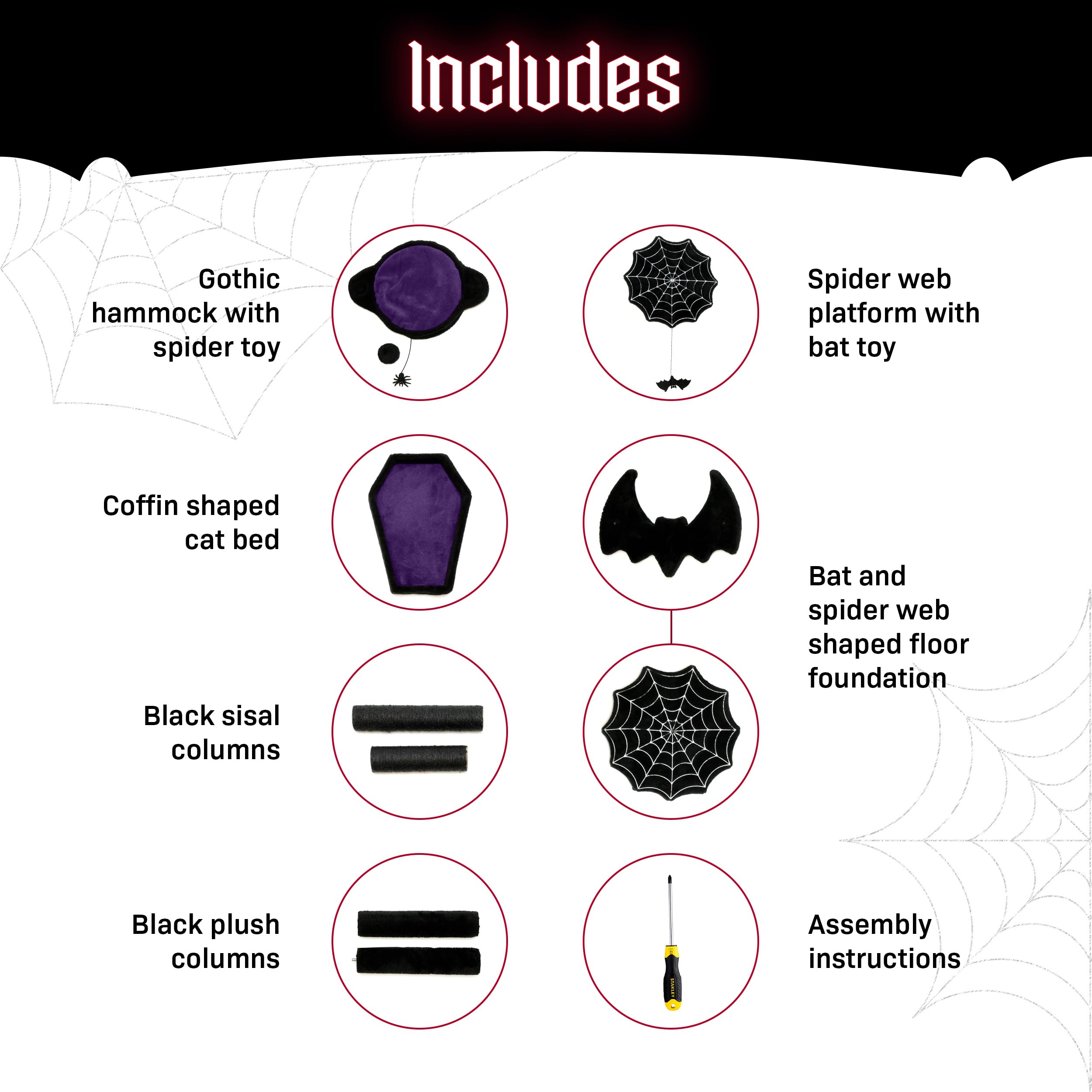 Littlesy Gothic Cat Tree With Coffin Cat Bed, Hammock, Spider & Bat Goth Cat Toys - 35 Inch Tall Coffin Cat Tree With Luxurious