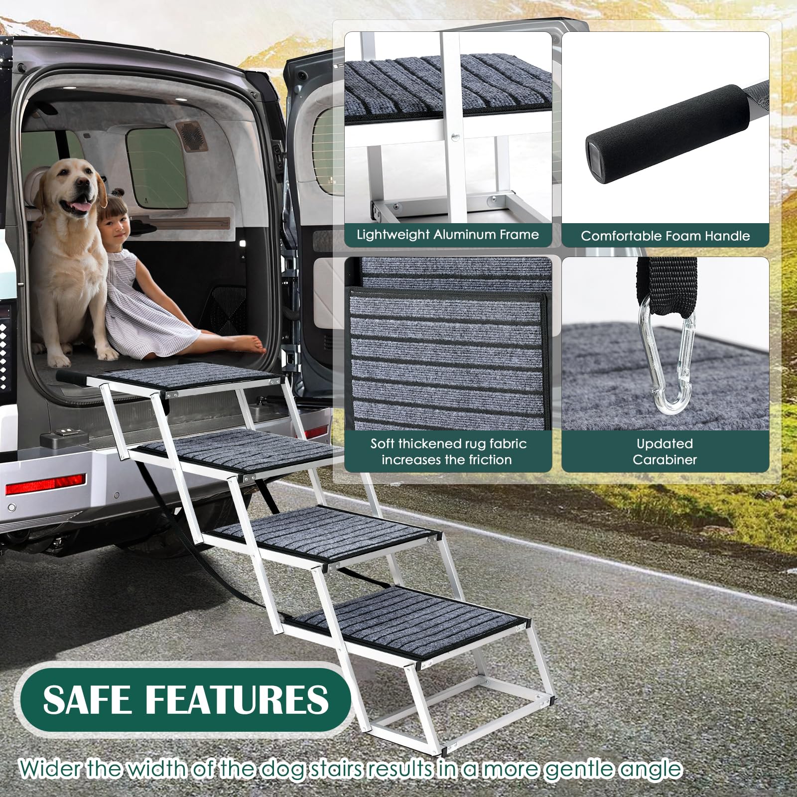 Dog Ramp for Car, Extra Wide Dog Car Stair for Large Dogs, Pet Steps Lightweight Aluminum Foldable Dog Steps for Cars and SUV,Hi