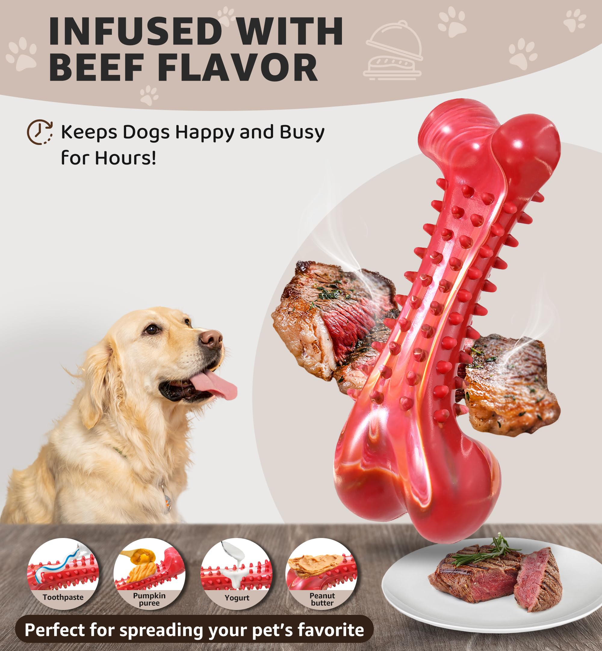 Iptpas Dog Chew Toy For Aggressive Chewers, Tough Natural Rubber Bone With Irresistible Beef Flavor, Long-Lasting Teeth Cleaning