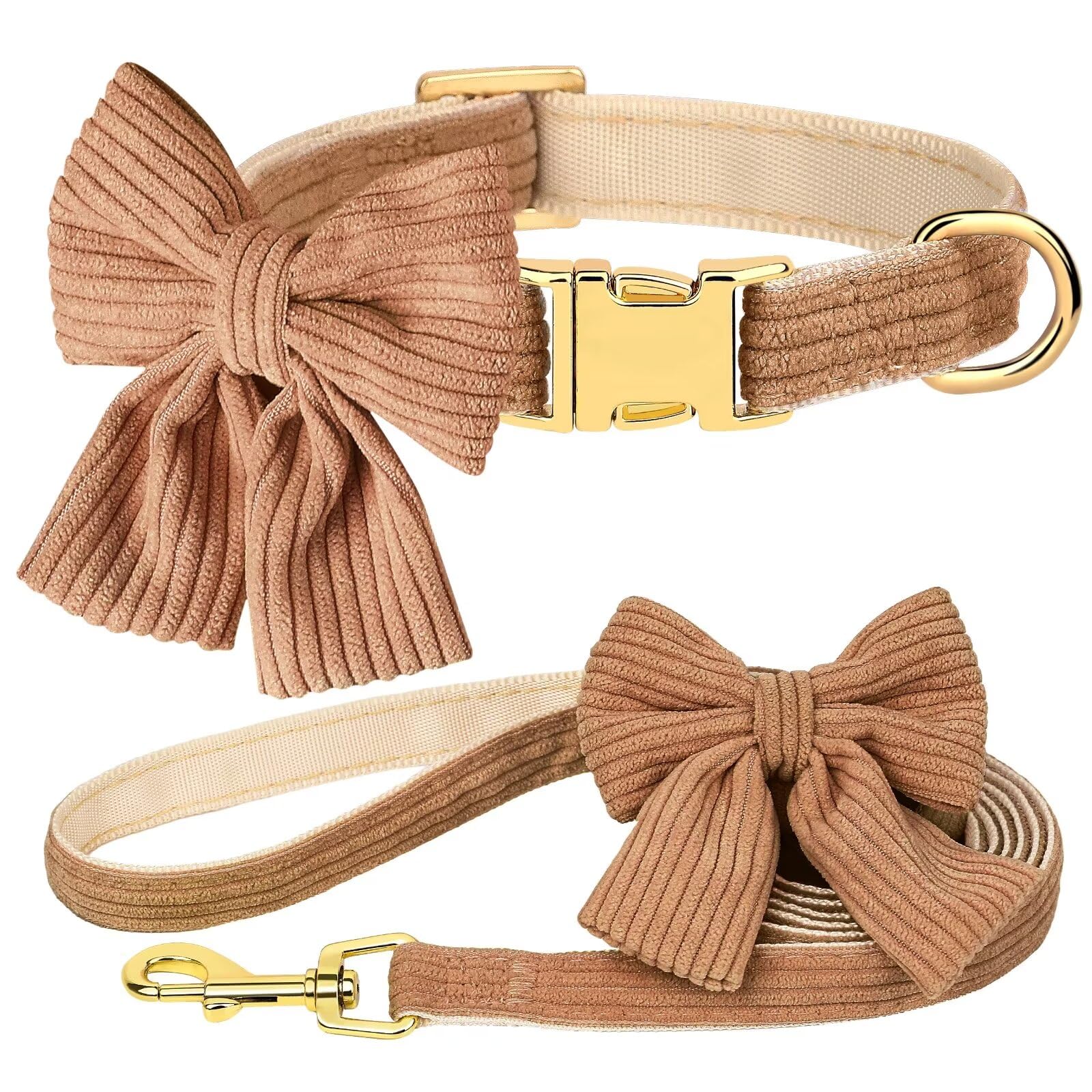 Didog Dog Collar And Leash Set With Bowtie, Girl Dog Collars Metal Buckle Adjustable For Small Medium Dogs(Brown, M)