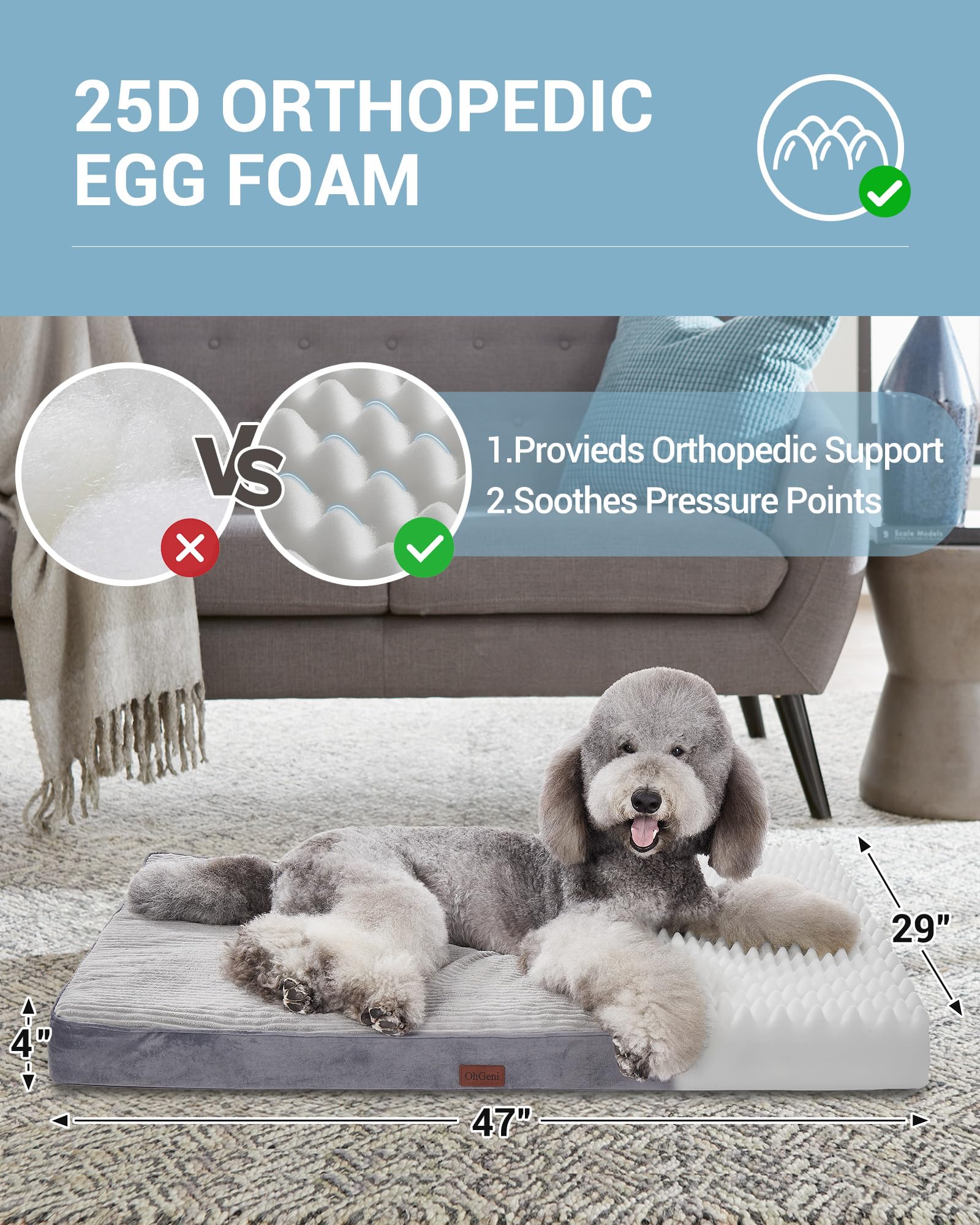 Ohgeni Orthopedic Waterproof & Machine Washable Dog Bed For Extra Large Pets, Suitable For Crates, 25D Egg Crate Foam, Non-Slip