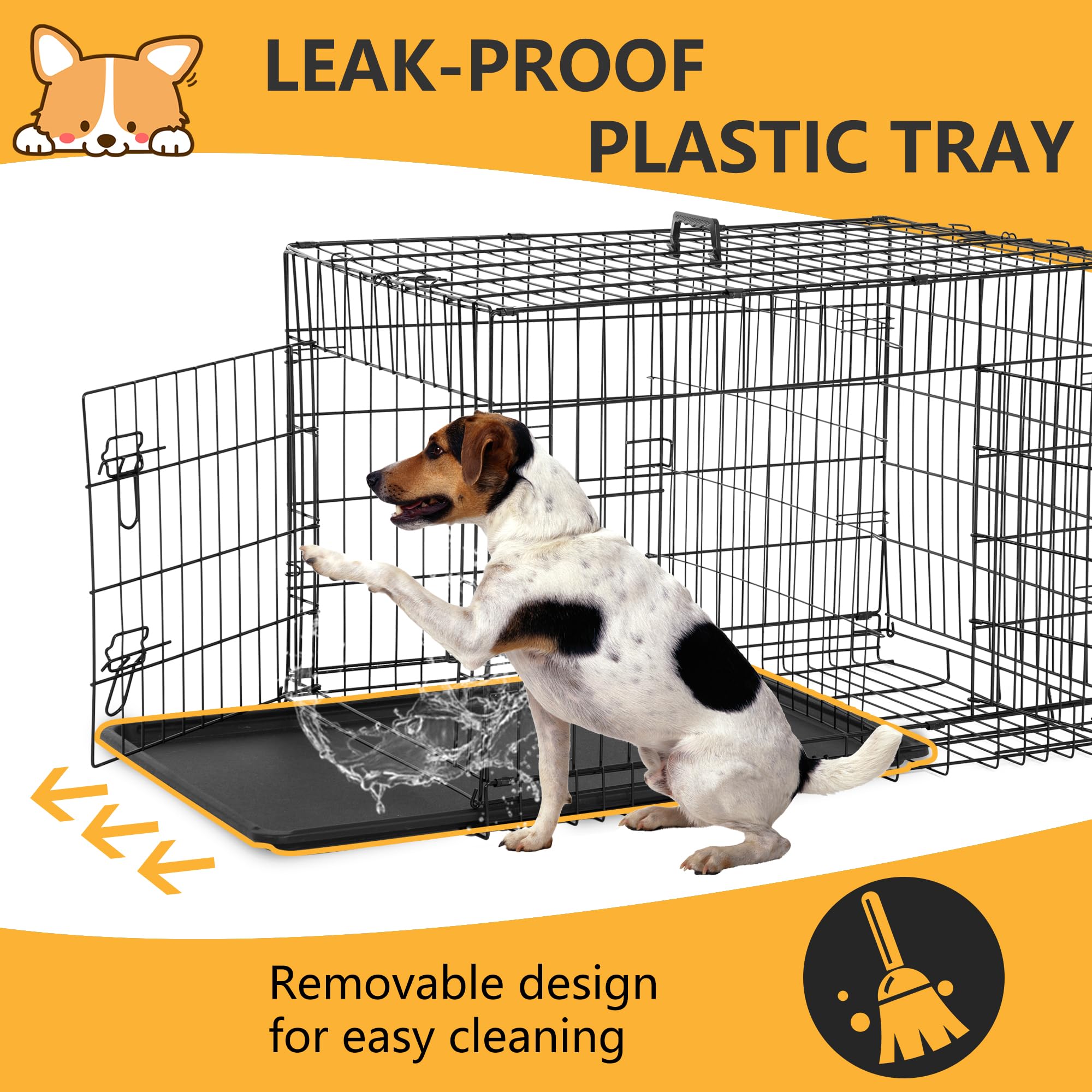 FDW Dog Kennel Cage - 36" Folding Metal Wire Crate with Double Door, Removable Tray & Divider, Black