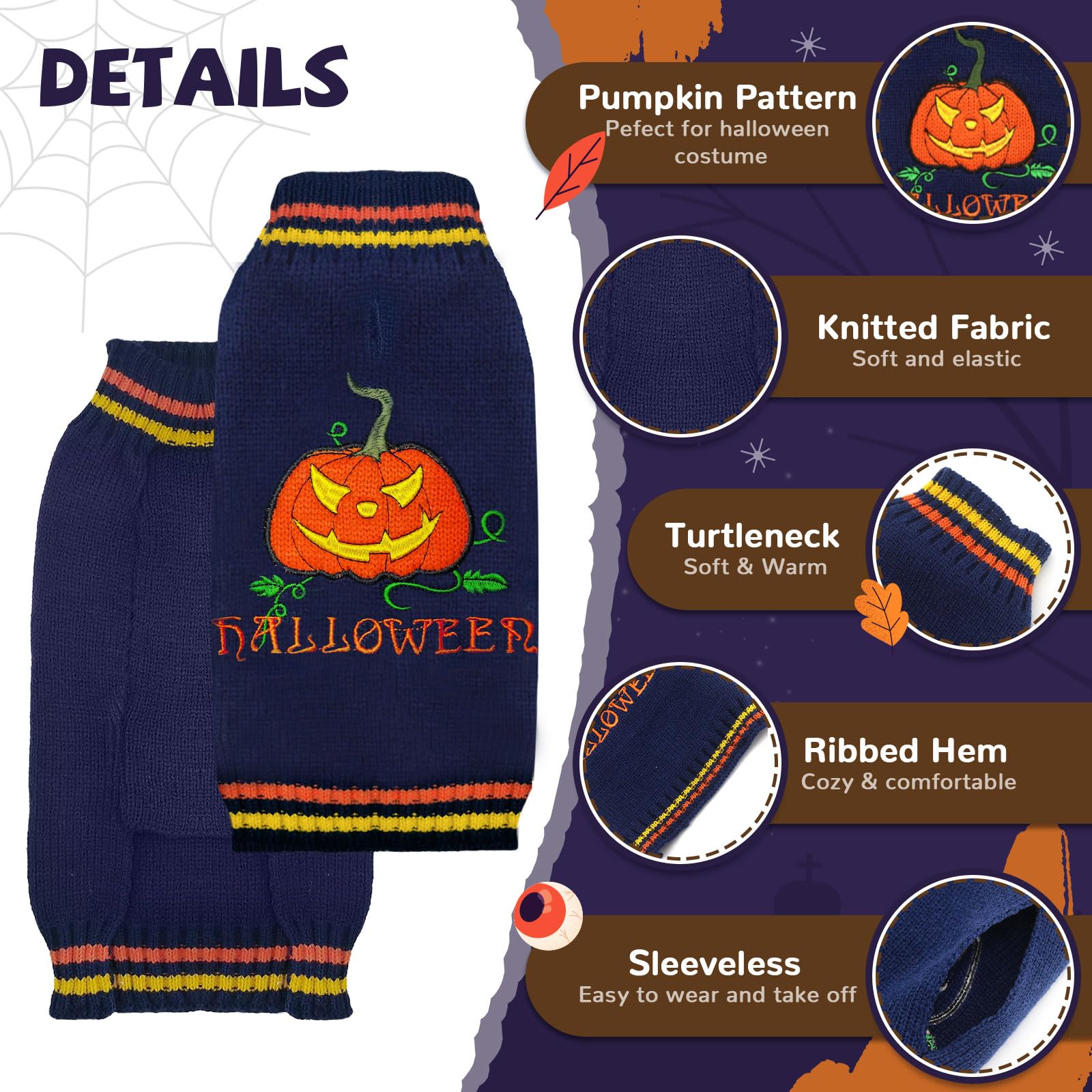 Doggyzstyle Dog Halloween Sweater Pumpkin Halloween Dog Cat Costumes With Leash Hole Puppy Turtleneck Knitwear For Small Midum Large Dogs Winter Warm Pet Clothes Funny Holiday Party Outfit (Blue,S)