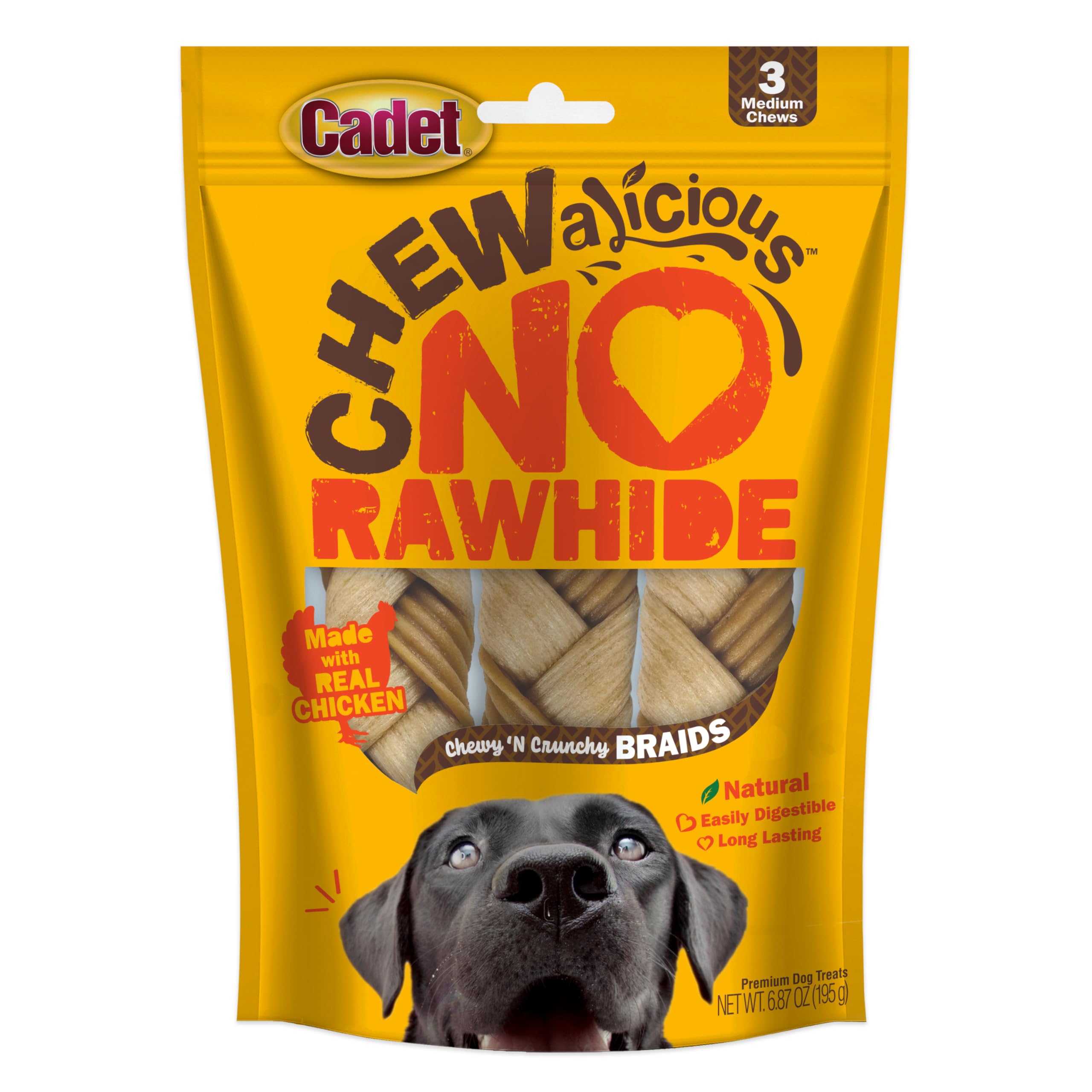 Cadet Chewalicious Chewy N Crunchy Braid Dog Treats, Limited Ingredient, Rawhide-Free, Long-Lasting Chews for Dogs Made with Re