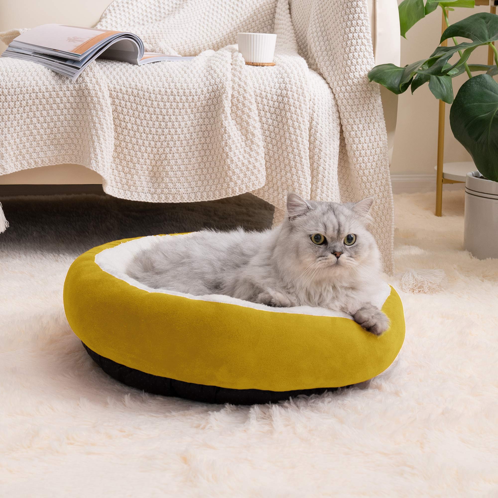 Love'S Cabin Round Donut Cat And Dog Cushion Bed, 20In Pet Bed For Cats Or Small Dogs, Anti-Slip & Water-Resistant Bottom, Super Soft Durable Fabric Pet Beds, Washable Luxury Cat & Dog Bed Yellow