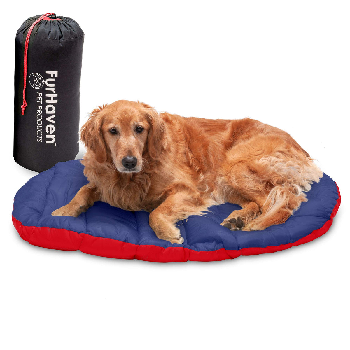 Furhaven Large Dog Bed Trail Pup Travel Pillow Mat W/ Stuff Sack, Washable - Flame Red/True Blue, Large