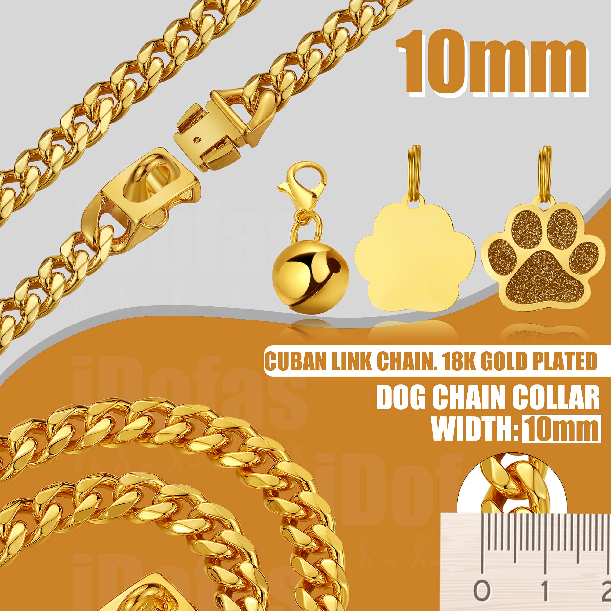 Luxlife Gold Cuban Link Dog Chain Collar - 10Mm 18K Gold Stainless Steel With Snap Buckle & Bell - Small To Large Dogs (18'')