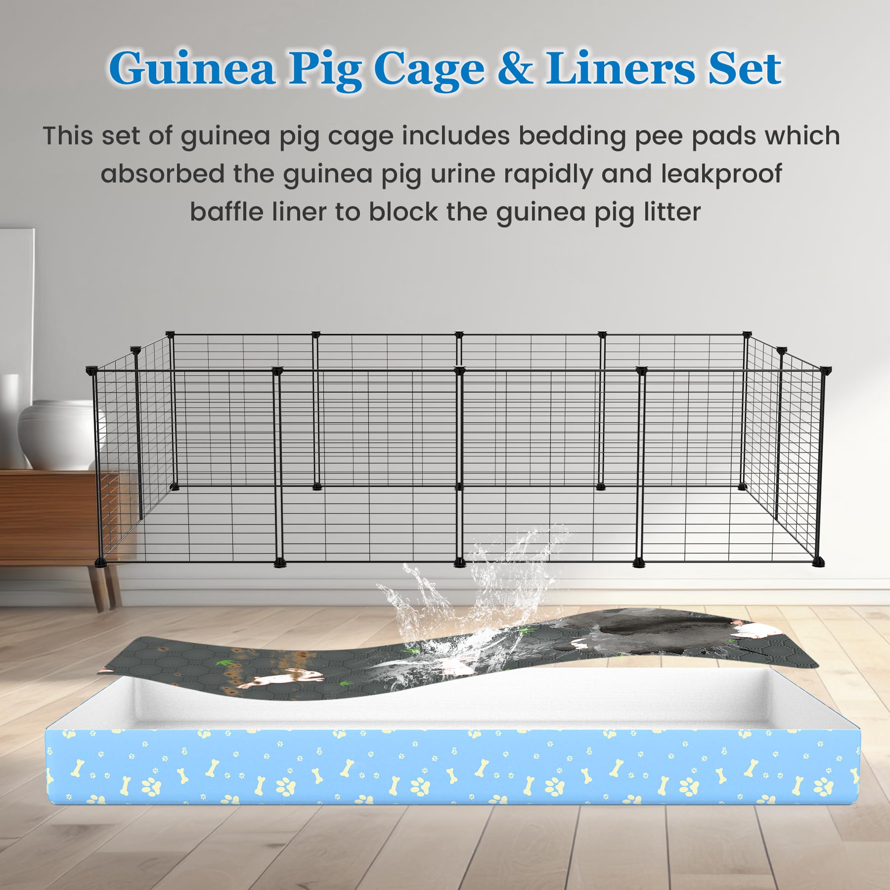 Modeslab Guinea Pig Cages With Tarp And Reusable Bedding Pee Pad Liner, 24'' X 48'' Large Guinea Pig Playpen C&C Rabbit Bunny Ca