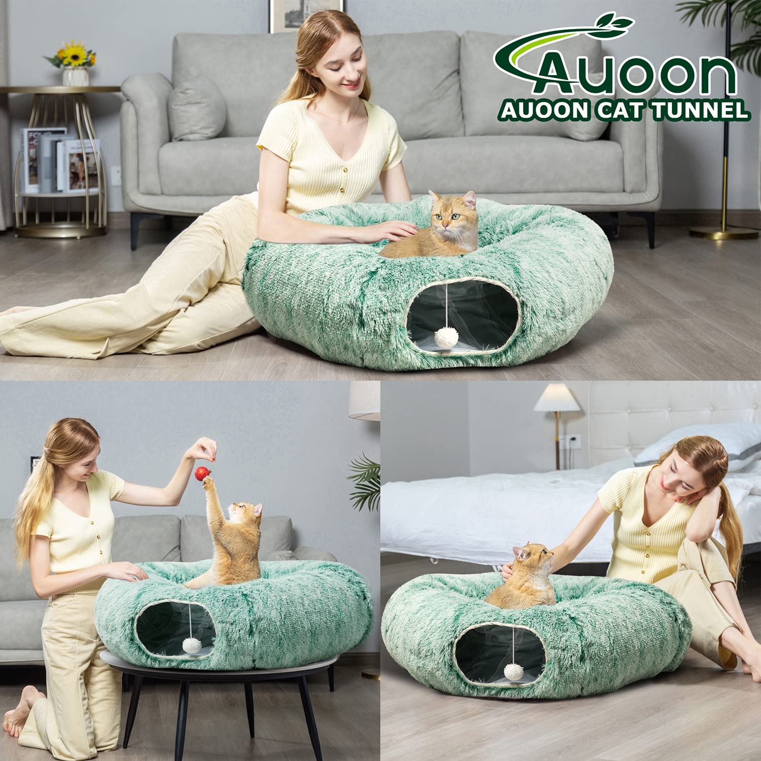 Auoon Cat Tunnel Bed With Central Mat,Big Tube Playground Toys,Soft Plush Material,Full Moon Shape For Kitten,Cat,Puppy,Rabbit,Ferret (Creen)