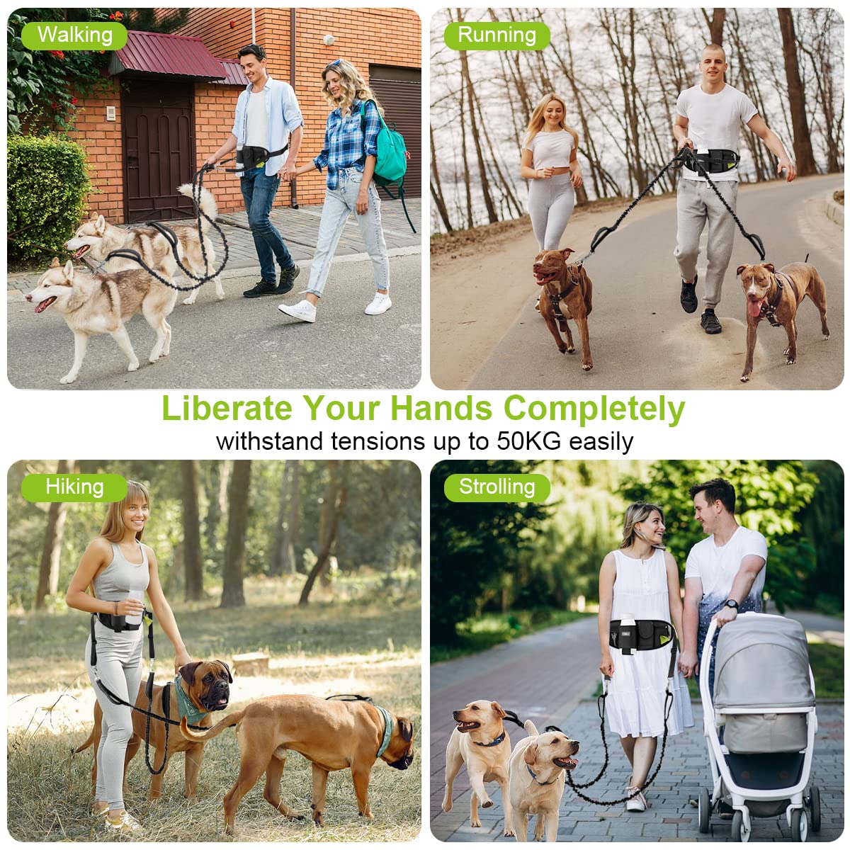 Etaccu Hands Free Dog Leash For 2 Dogs With Dual Heavy-Duty Traffic Handle, Retractable Dog Walking Belt, Adjustable Dog Running Waist Belt With Pouch, Reflective Stitches Leash For Jogging Black