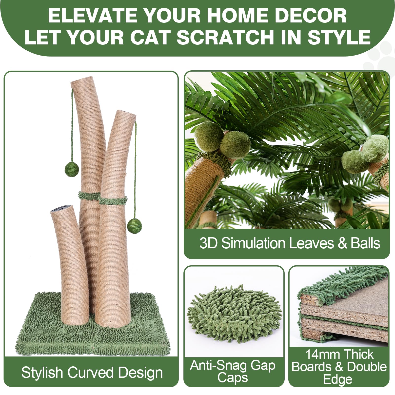 Furlogy 40'' Tall Cat Scratching Post, 3 Curved Design Palm Tree Cat Scratching Post With 8 Interactive Balls, Natural Sisal Rop
