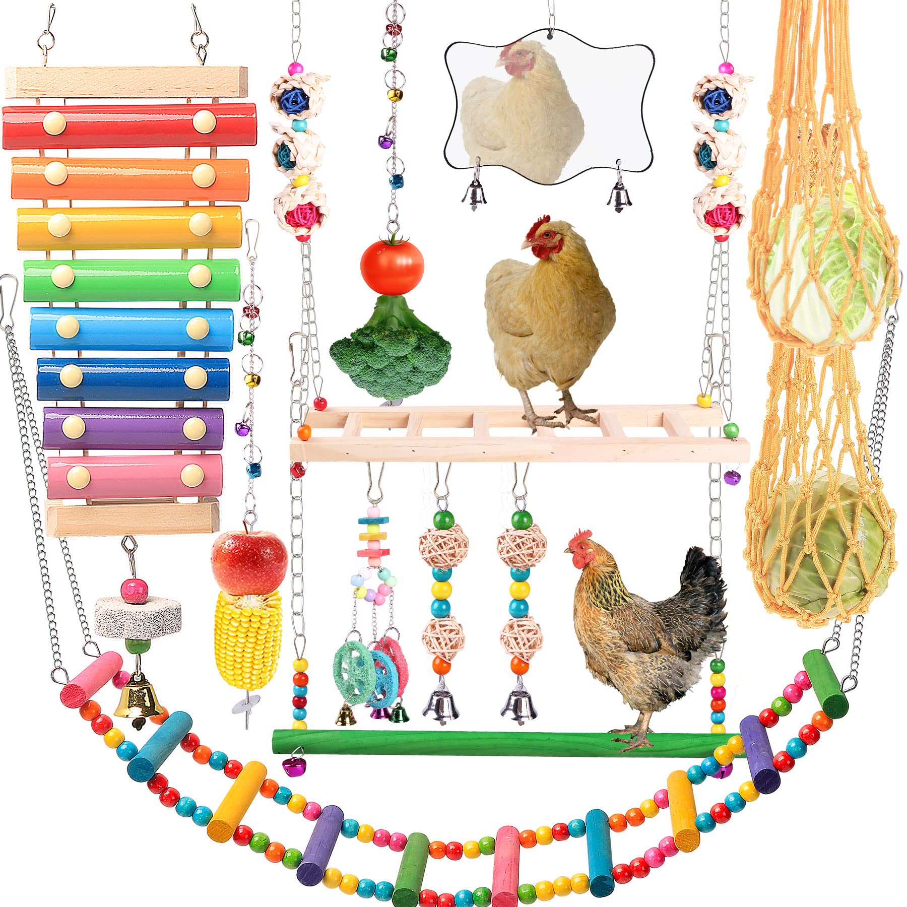 Chicken Toys for Coop 12PCS Set, KAKUNM Chicken Enrichment Toys,Including Xylophone, Swing Set, Mirror Toy, Flexible Ladder, Veg