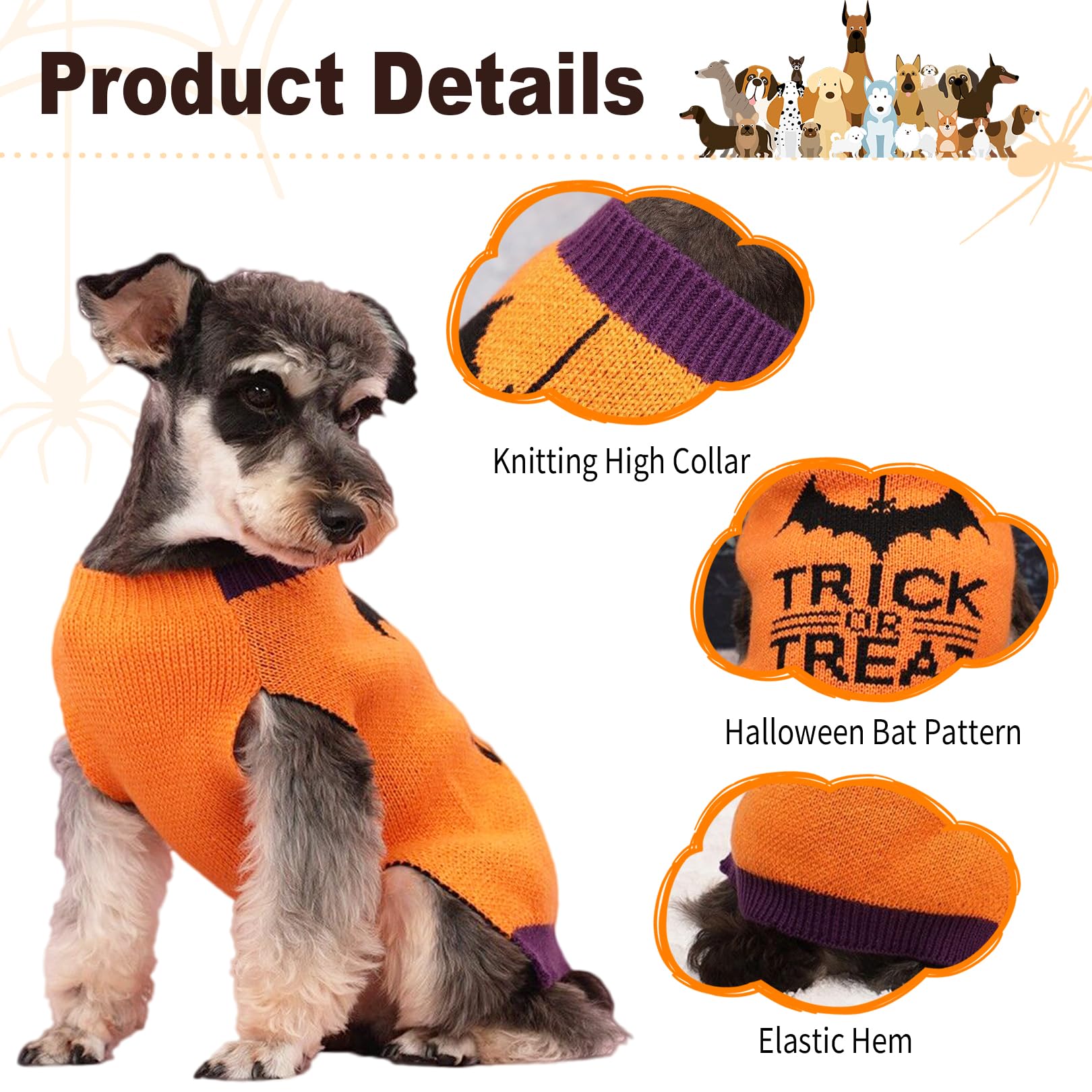 Halloween Dog Sweater For Medium Dogs: Turtleneck Knitted Warm Puppy Bat Costume, Doggie Winter Trick Or Treat Pullover Holiday