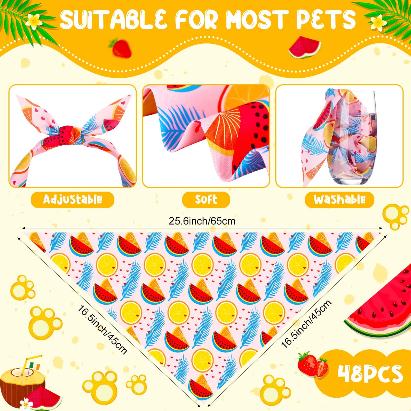 Chicingyou 48 Pcs Dog Bandanas Summer Bulk Hawaiian Fruit Dog Bandanas Puppy Triangle Scarf Bibs Washable Adjustable Pet Kerchie