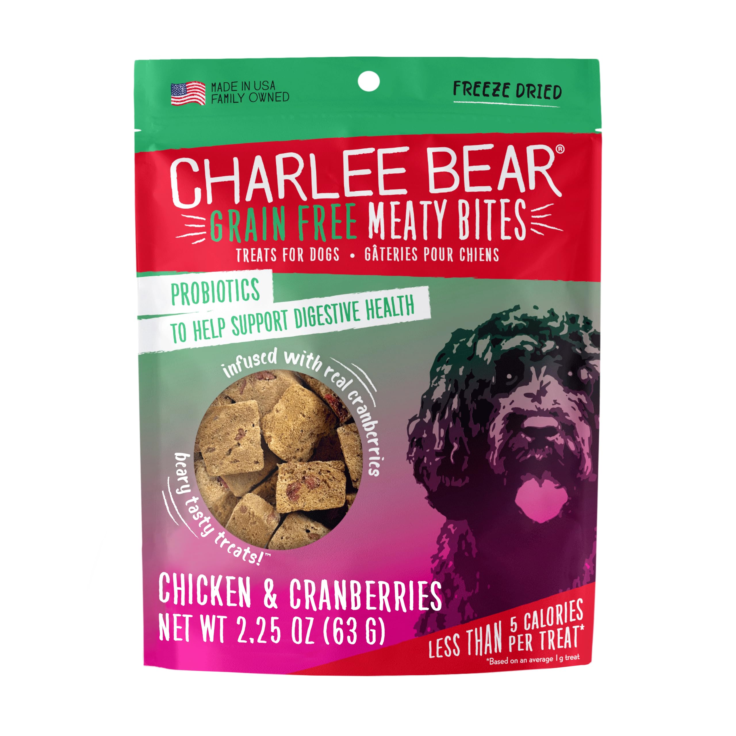 Charlee Bear Grain Free Meaty Bites Dog Treats, Chicken & Cranberries, 2.25 oz, High Protein Training Treats, Made in USA