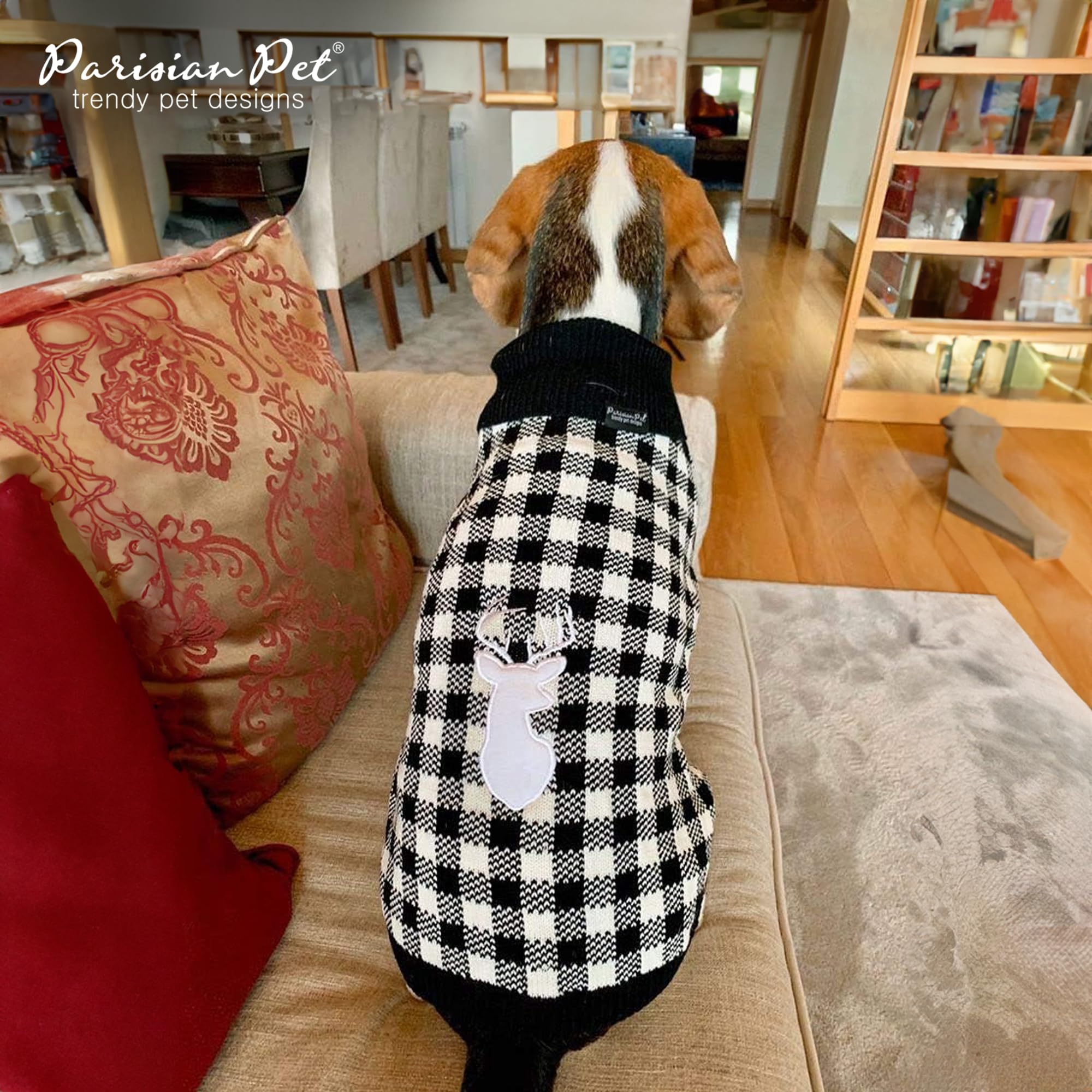 Parisian Pet Dog Sweaters - Pullover, Turtleneck White And Black Checkered Sweater - Cable Knit Plaid Dog Christmas Outfit - Fall, Winter Dog Clothes - Flexible Dog Sweater For Small Dogs - S