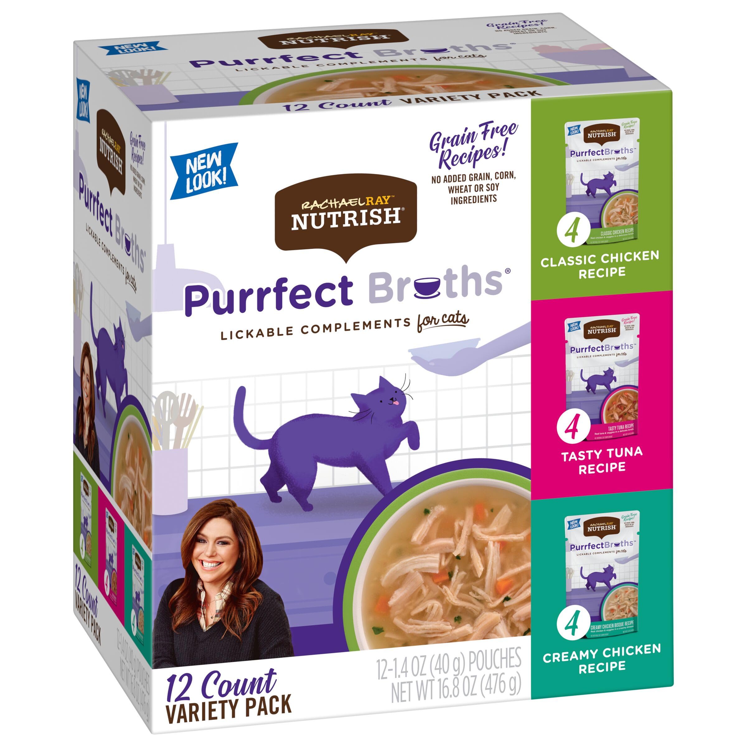 Rachael Ray Nutrish Purrfect Broths Natural Wet Cat Food, Variety Pack, 1.4 Ounce Pouch (Pack of 24), Grain Free