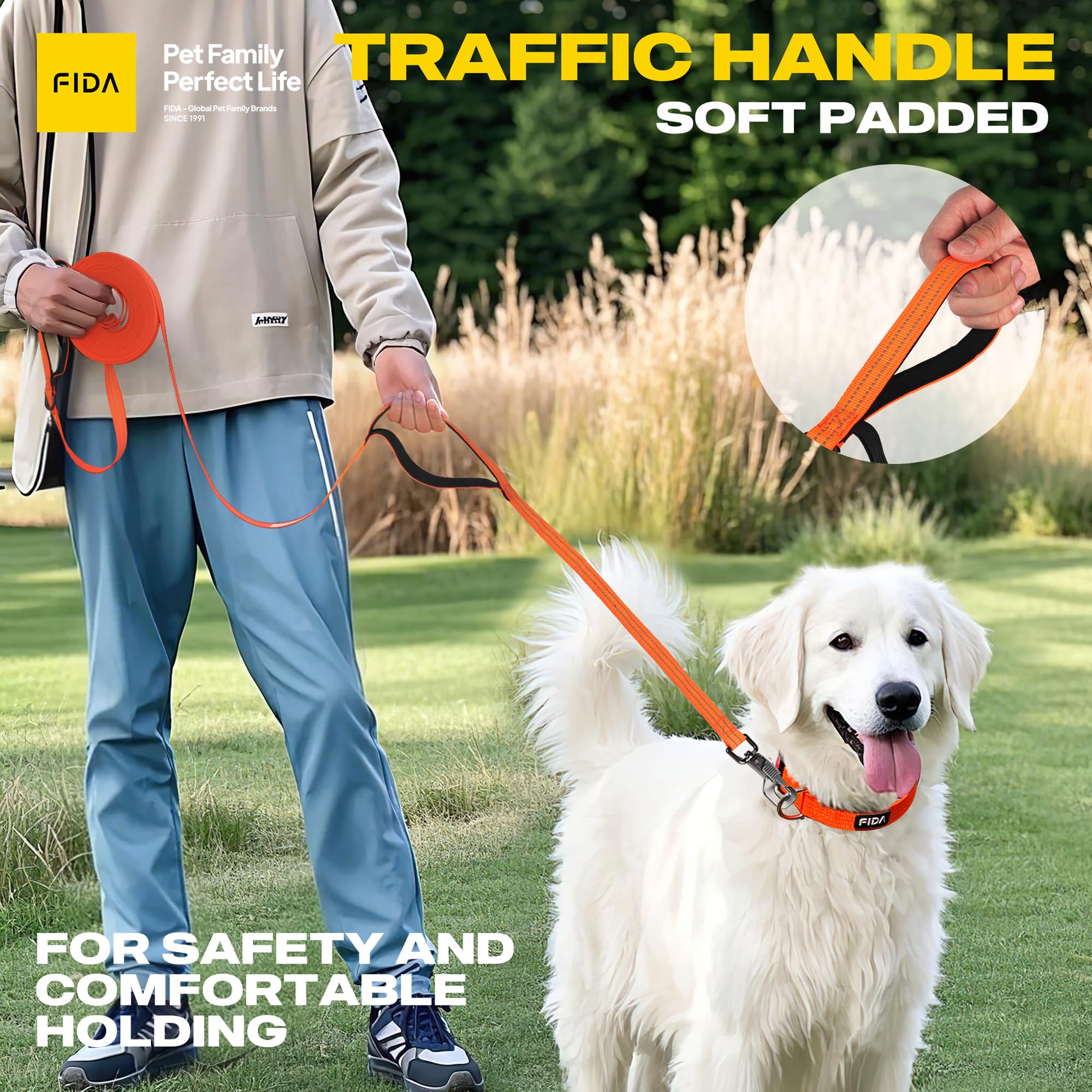 Fida Long Leash for Dogs with Traffic Handle,30ft 50ft Long Dog Leash Reflective Puppy Obedience Recall Training Agility Lead So