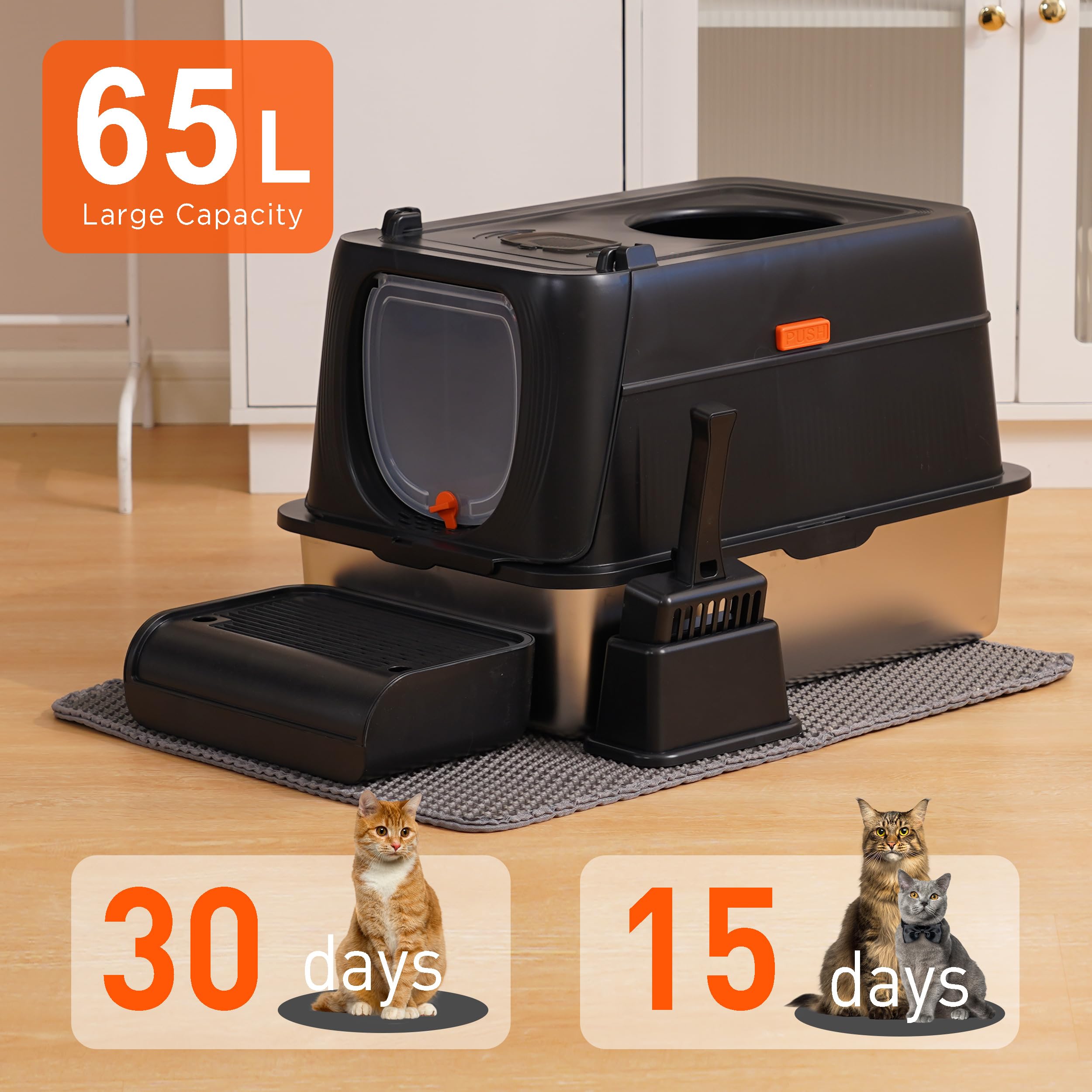 Citylife Stainless Steel Cat Litter Box with Lid, Front & Top Entry Extra Large Metal Kitty Litter Box Enclosure with Scoop & Do