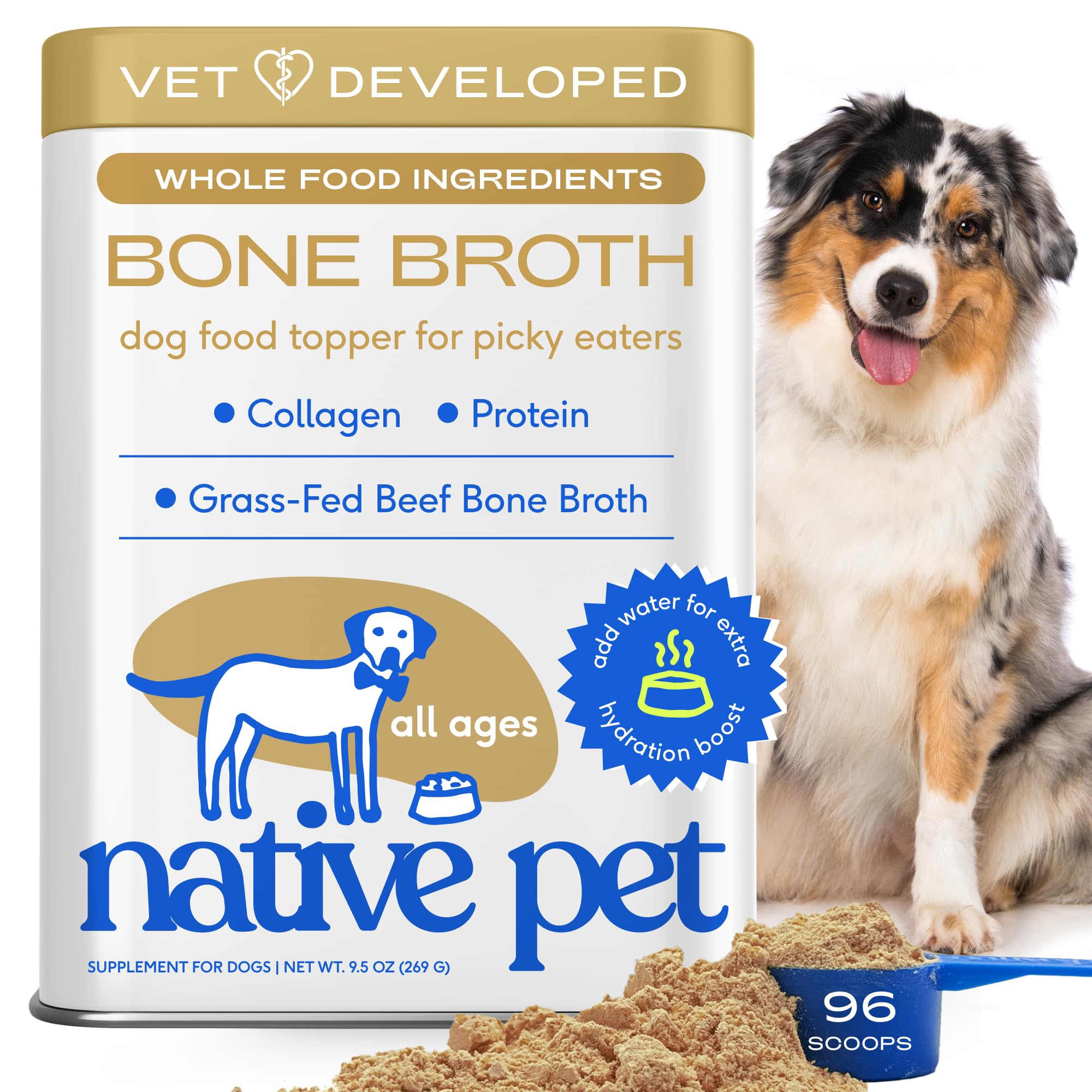 Native Pet Bone Broth for Dogs and Cats - Made with Real Beef Bone Broth, Dog Food Toppers for Picky Eaters - Provides Extra Hyd