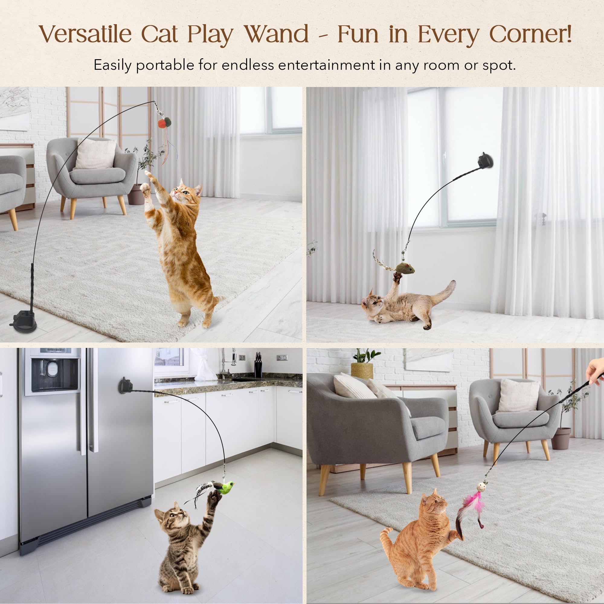 Cutie Paw Pal Interactive Bird Simulation Cat Feather Toy Set - Suction Cup Cat Toys For Indoor Cats, Natural Feathers, Bells &