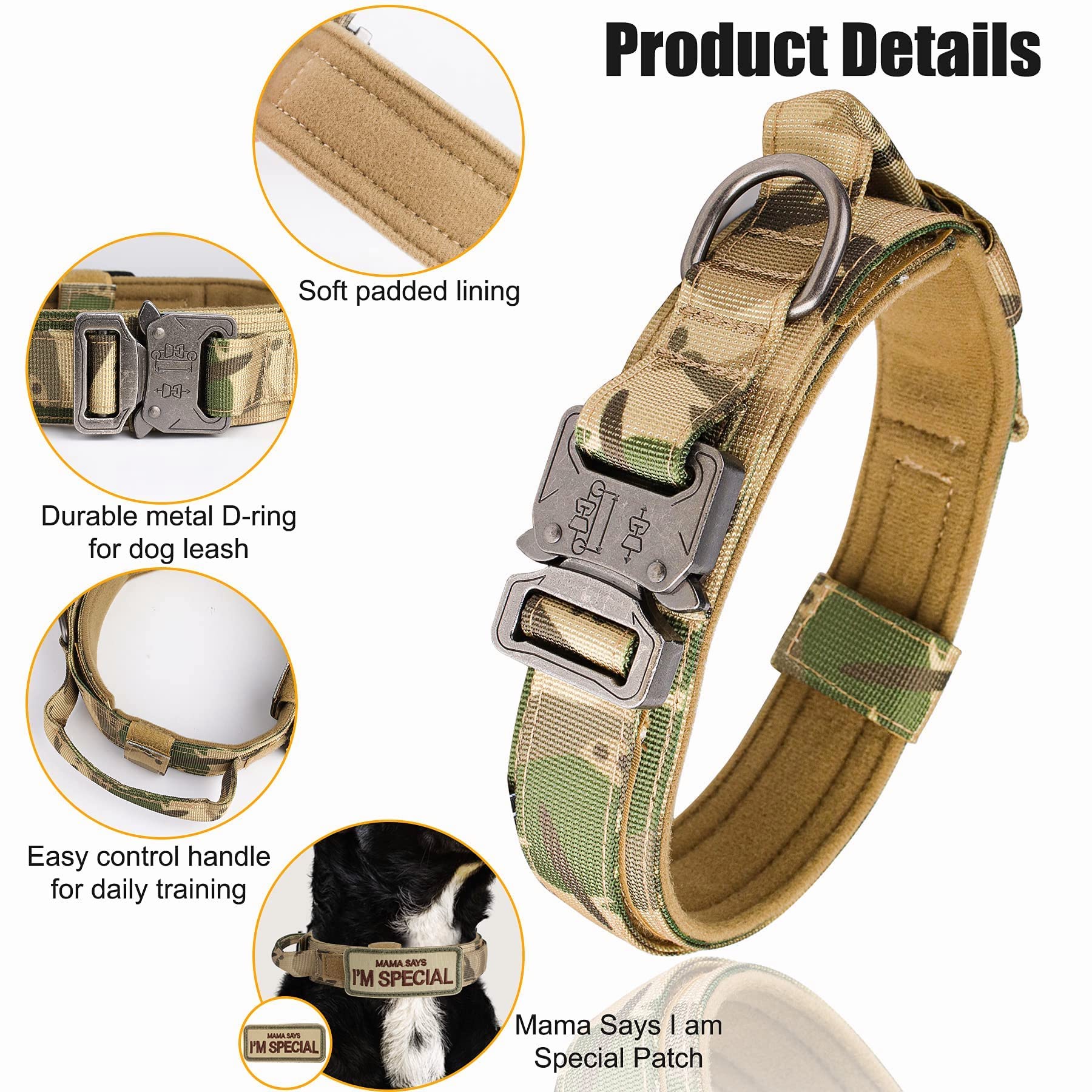 KCUCOP Tactical Dog Collar with Handle,Adjustable Military Dog Collar with Metal Buckle and Patches,Heavy Duty Dog Collars for M