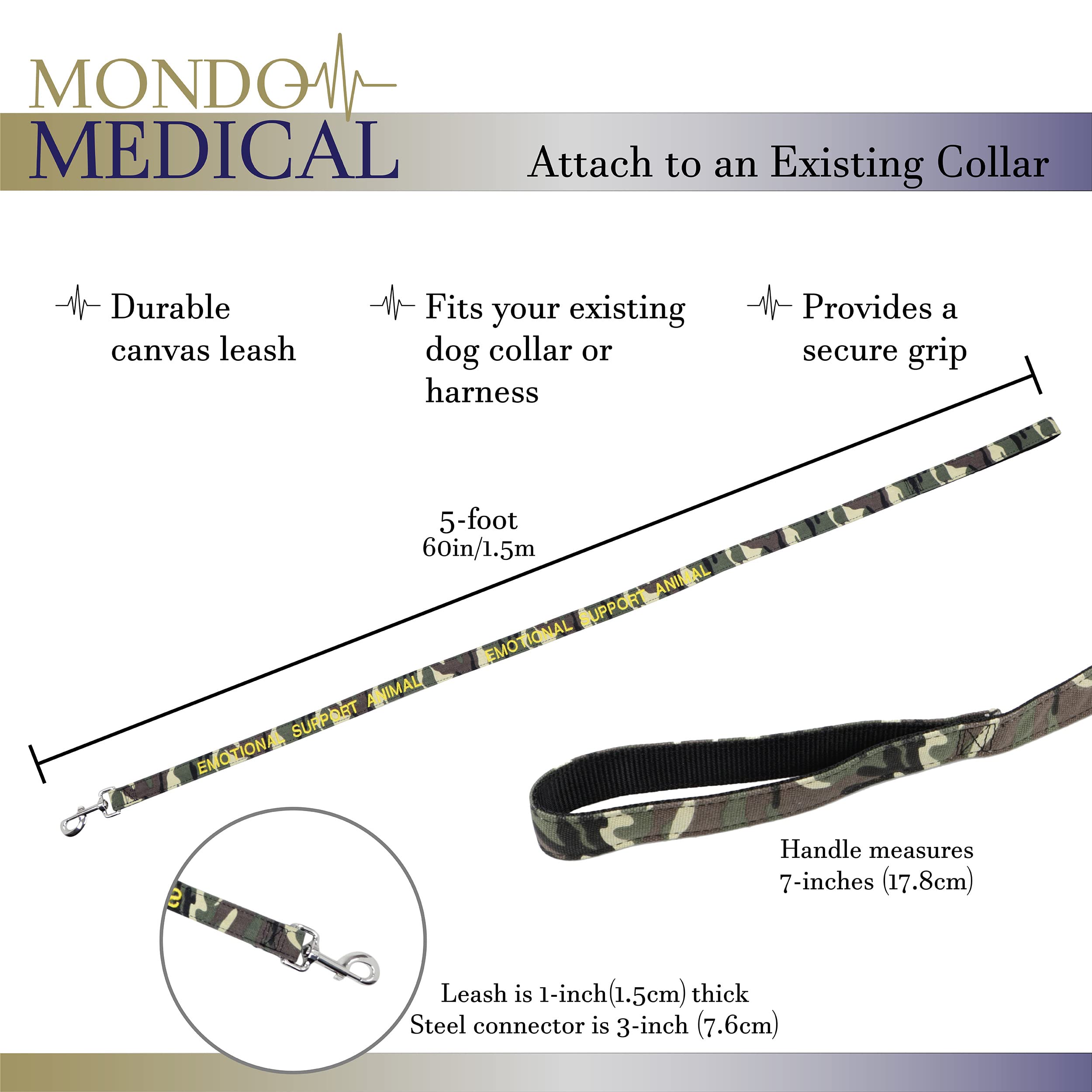 Mondo Medical Service Dog Leash - 5Ft Camo Canvas Emotional Support Animal Lead For Service Pets