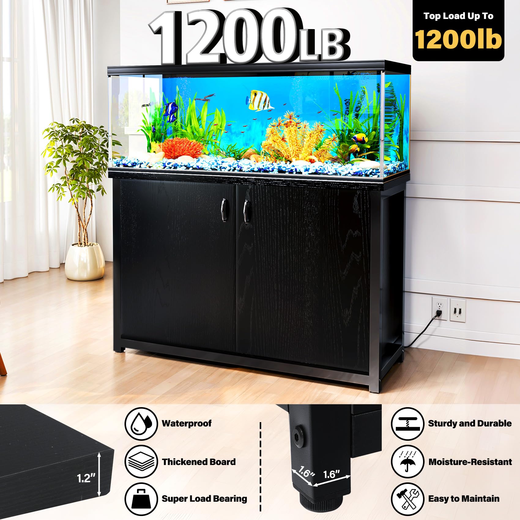 TC-HOMENY 55-75 Gallon Fish Tank Stand, Aquarium Stand with Charging Station and Large Storage Cabinet, 880LBS Capacity, 5-75 Ga
