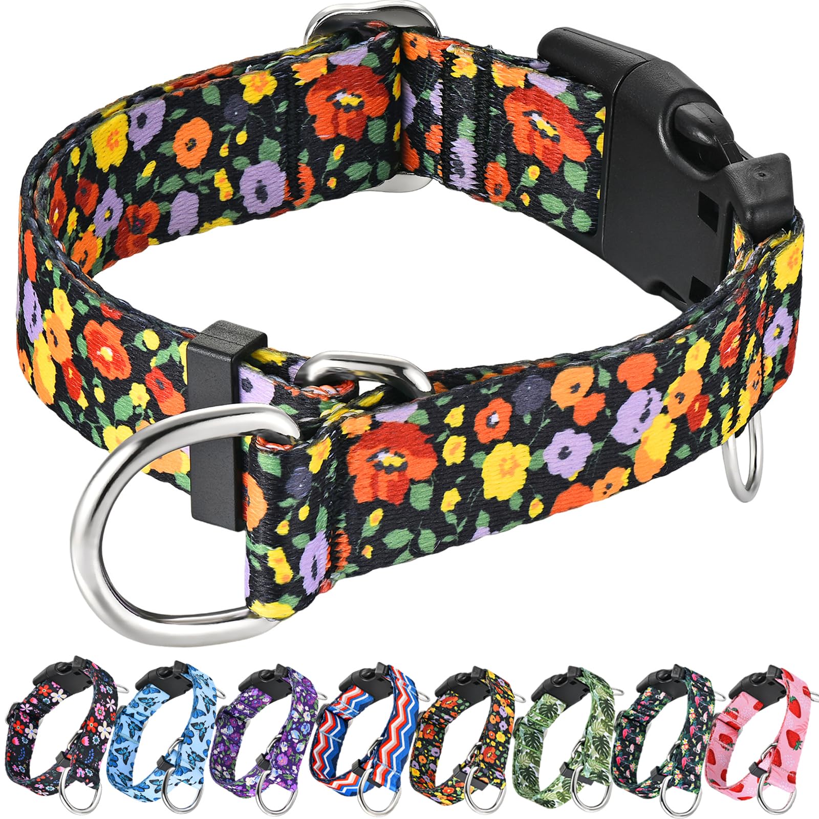Fidohug Martingale No Pull Collar With Buckle Adjustable Nylon Slip Collar For Dogs Training Walking (Orange Floral, Small)