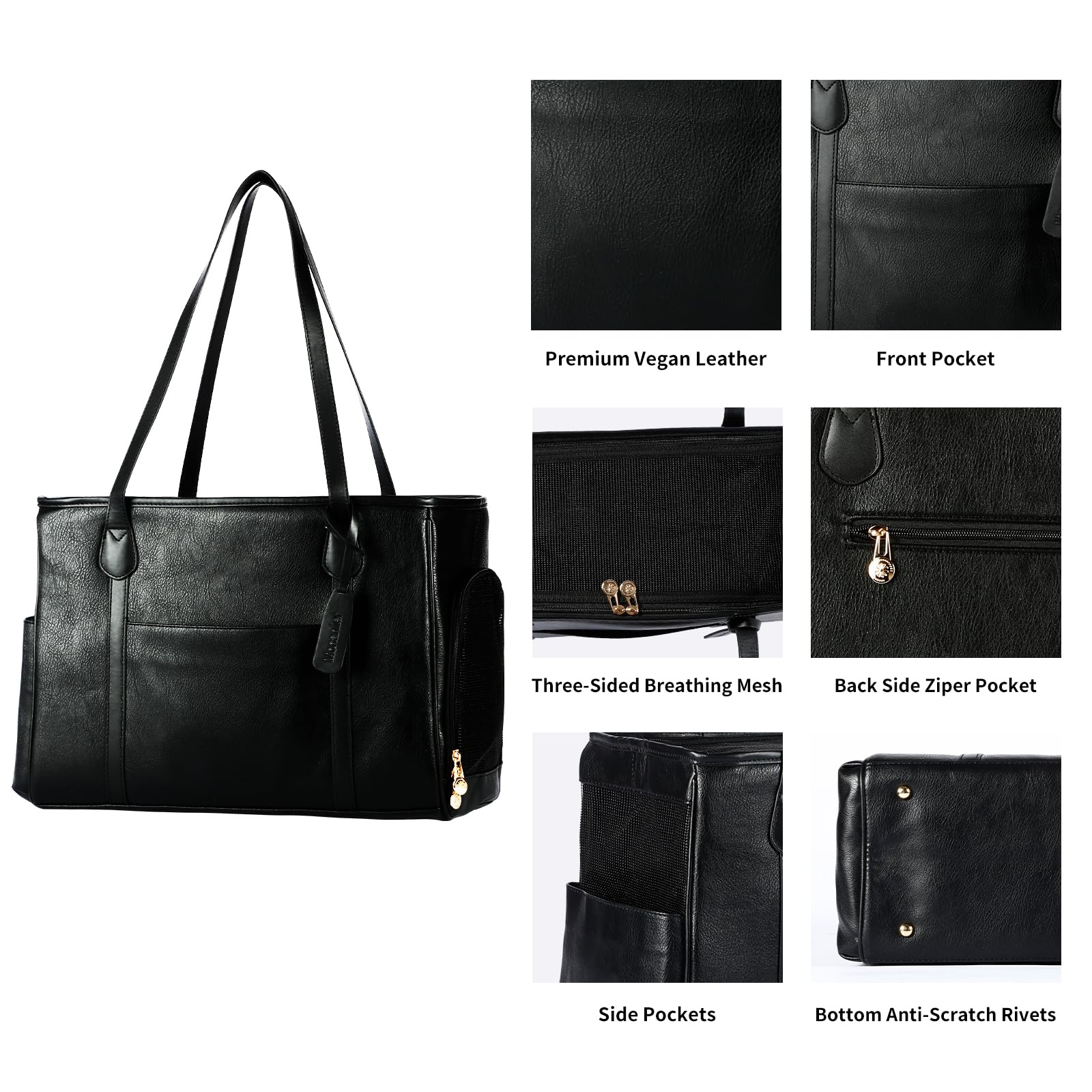 Monanller Stylish Dog Purse Carrier, Leather Pet Carrier Bag For Small Dogs Cats Puppy, Airline Approved Soft-Sided Carrier Blac