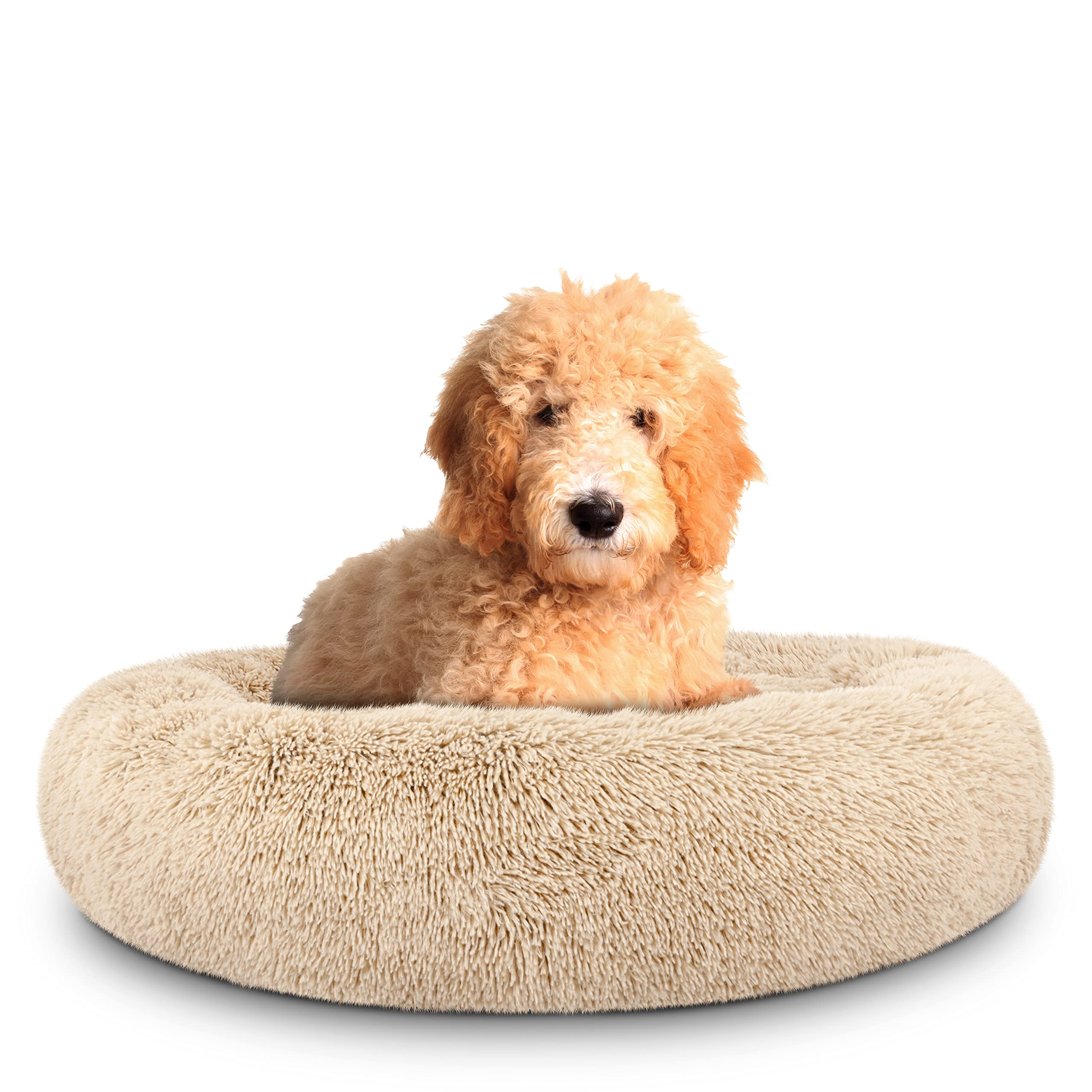 The Dogs Bed Sound Sleep Donut Dog Bed, Large Dog Beige Fur Calming Nest Bed, Veterinary Approved