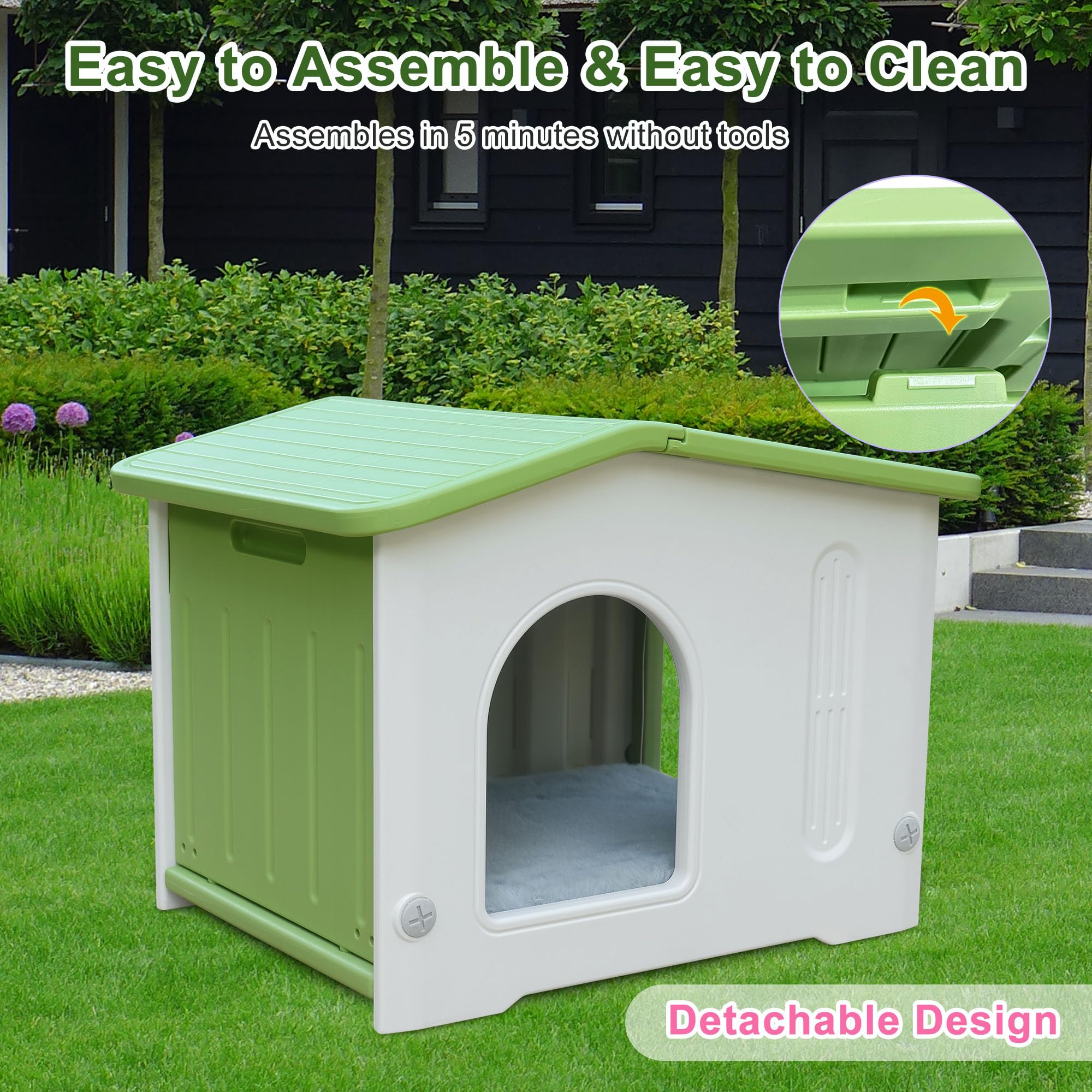 Weatherproof Cat House for Outdoor Indoor Use, Plastic Feral Cat House with Escape Door and Soft Mat, Outside Cat Shelter for Sm