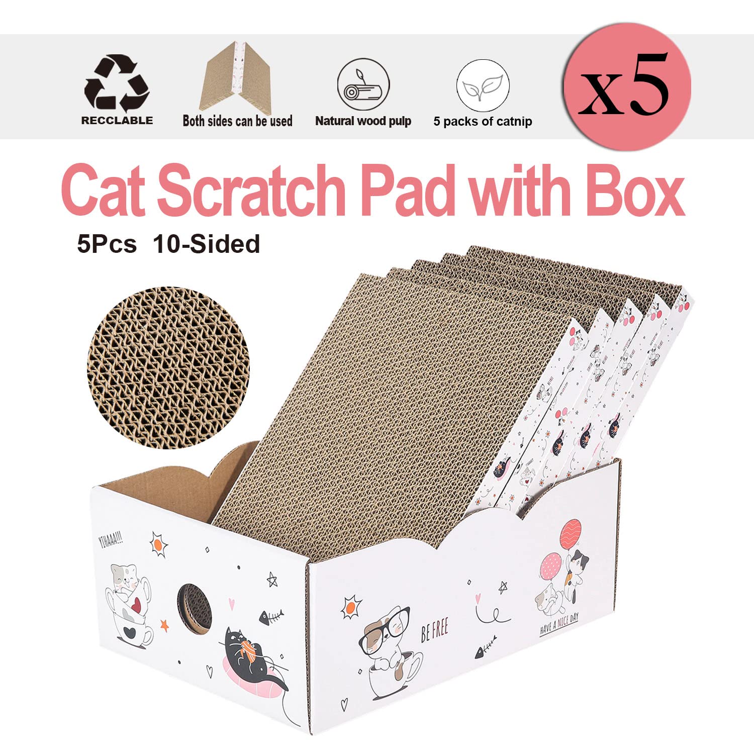 5 Packs In 1 Cat Scratch Pad With Box, Cat Scratcher Cardboard,Reversible,Durable Recyclable Cardboard, Suitable For Cats To Rest, Grind Claws And Play With Scratch Box